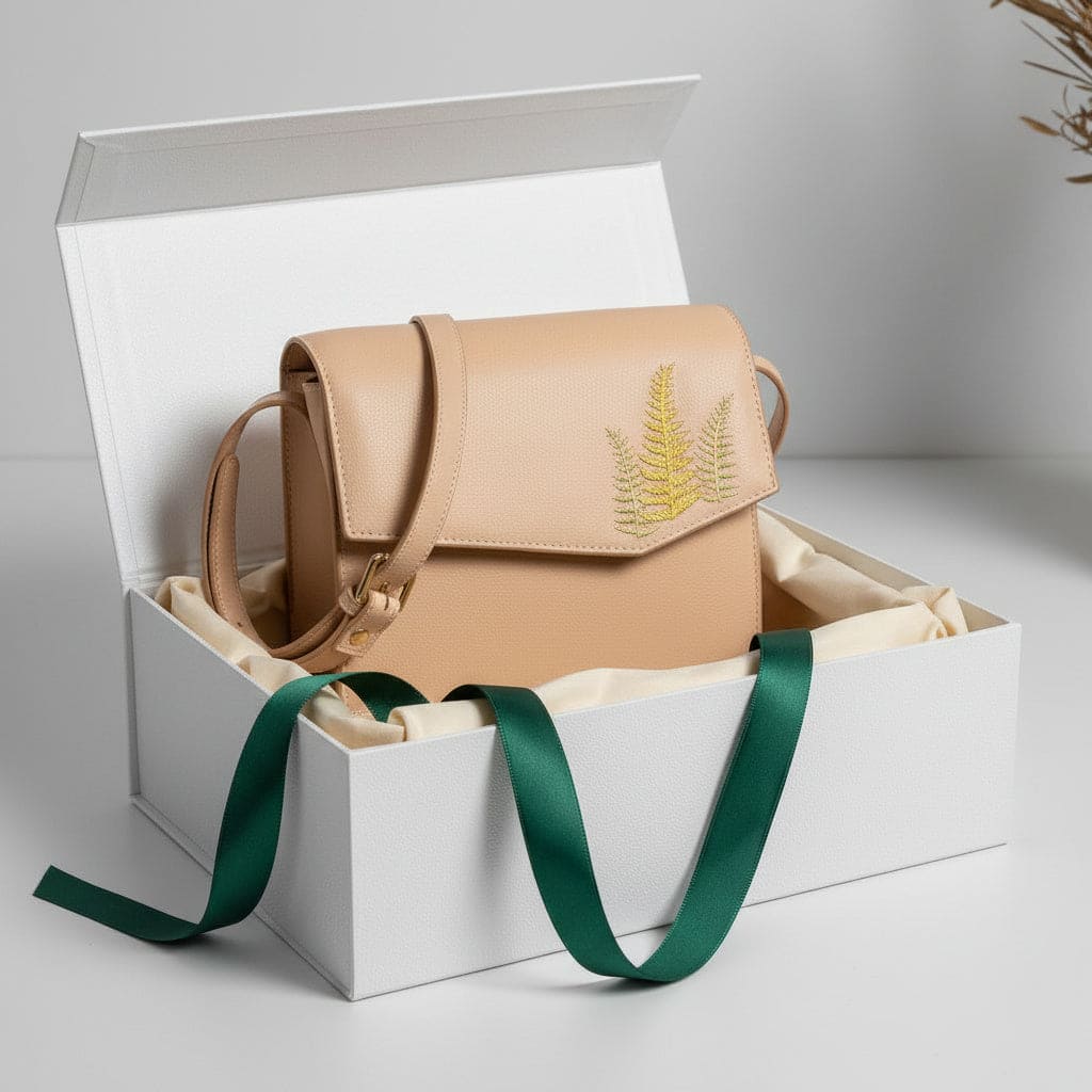Hera – Almond | Embroidered Plant Leather Crossbody Bag