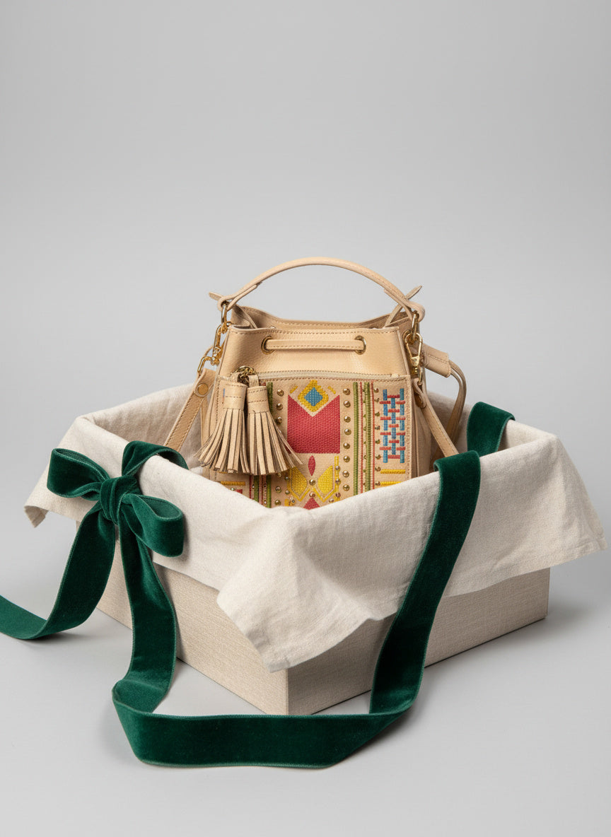 Nora Vegan Leather Embroidered Sling Bag – Almond