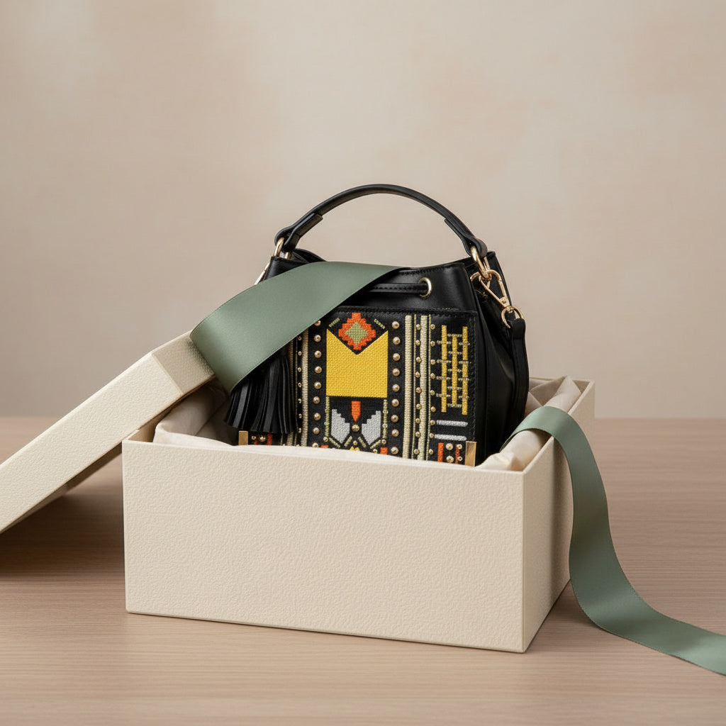 Nora Vegan Leather Embroidered Sling Bag – Black