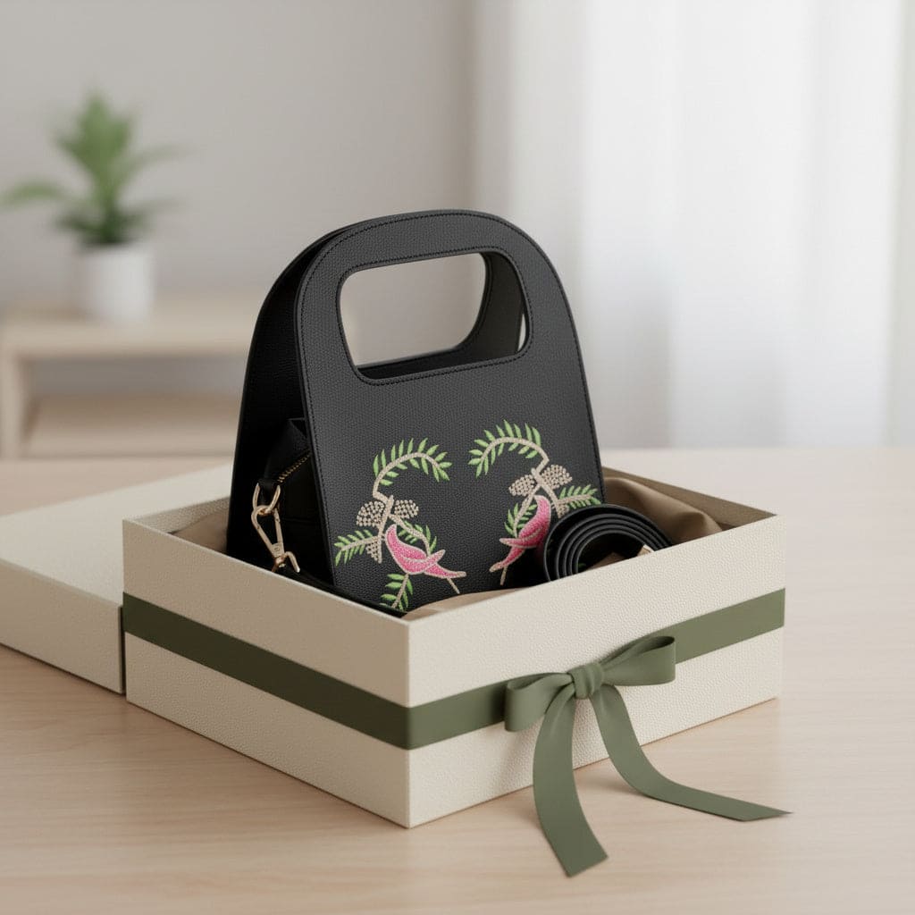 Aphrodite – Black | Embroidered Plant Leather Handbag