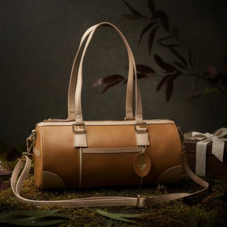 Salacia Vegan Leather Bowler Bag – Caramel & Almond