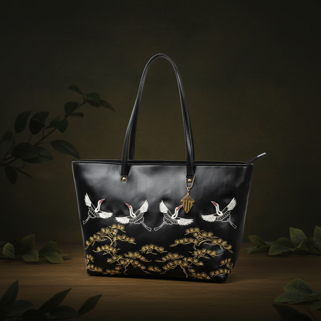 Antheia Vegan Leather Embroidered Tote – Black