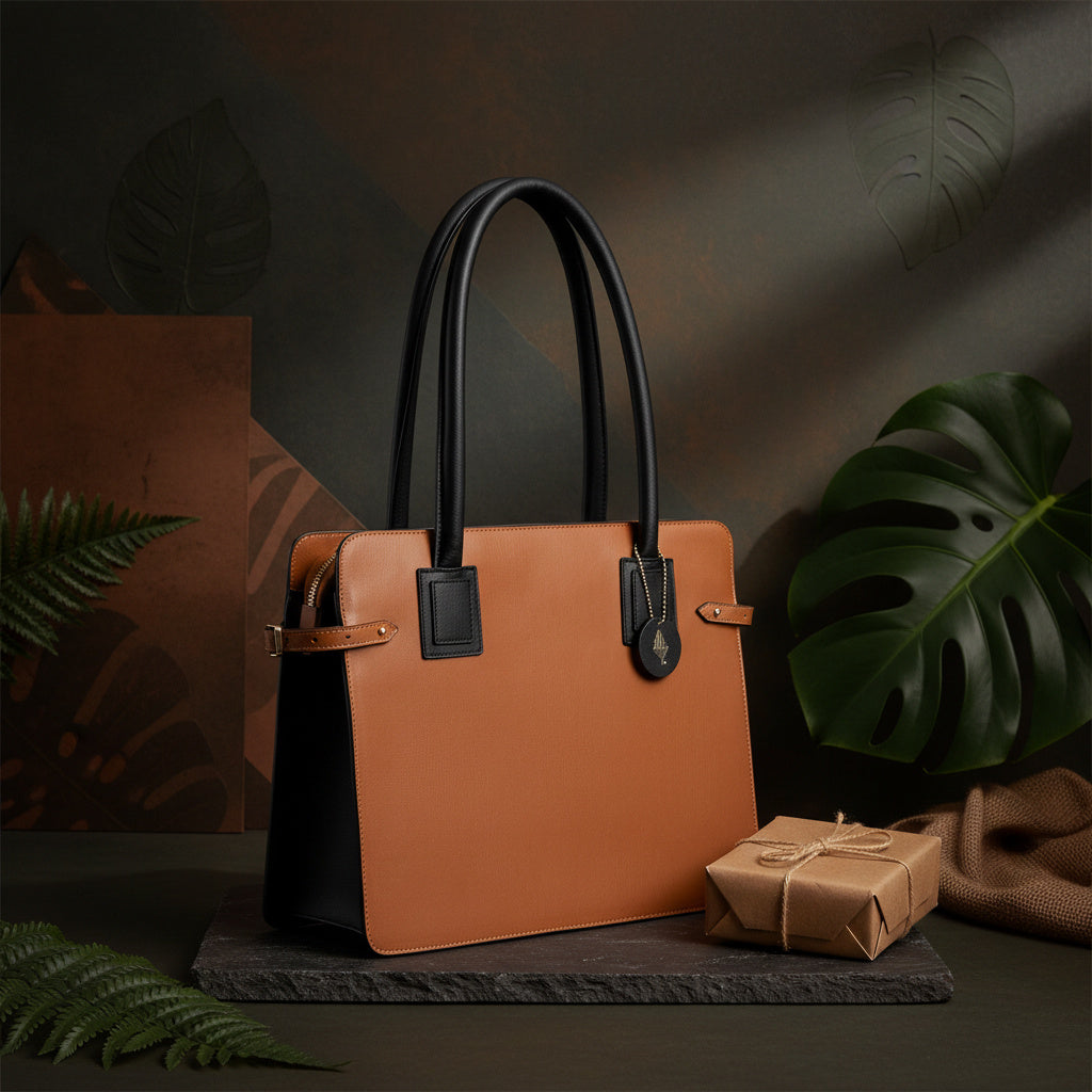 Aranyani Vegan Leather Tote Bag – Gingerbread & Black