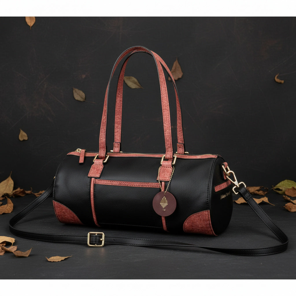 Salacia Vegan Leather Bowler Bag – Black & Madder Red