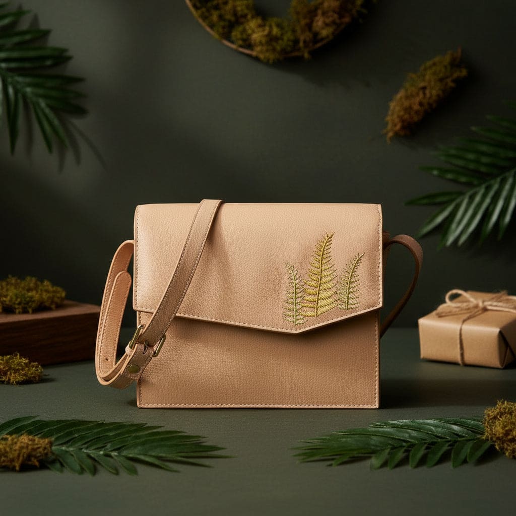 Hera – Almond | Embroidered Plant Leather Crossbody Bag