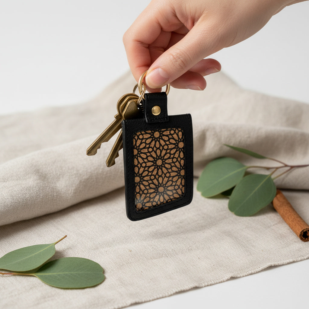 Handcrafted Plant Leather Keychain – Black