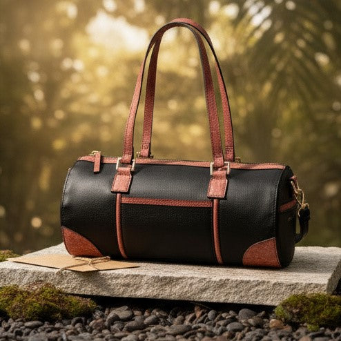 Salacia Vegan Leather Bowler Bag – Black & Madder Red