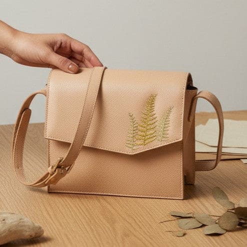 Hera – Almond | Embroidered Plant Leather Crossbody Bag