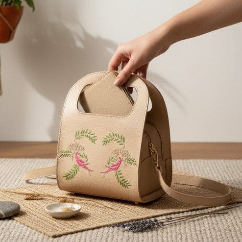 Aphrodite – Almond | Embroidered Plant Leather Handbag