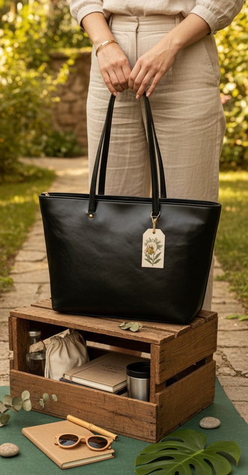 Antheia Vegan Leather Embroidered Tote – Black