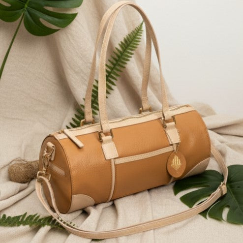 Salacia Vegan Leather Bowler Bag – Caramel & Almond