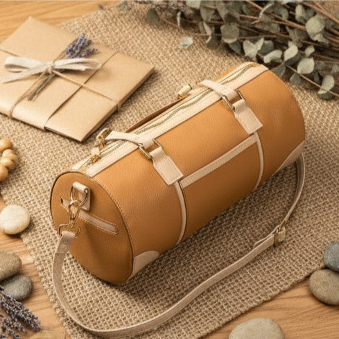 Salacia Vegan Leather Bowler Bag – Caramel & Almond