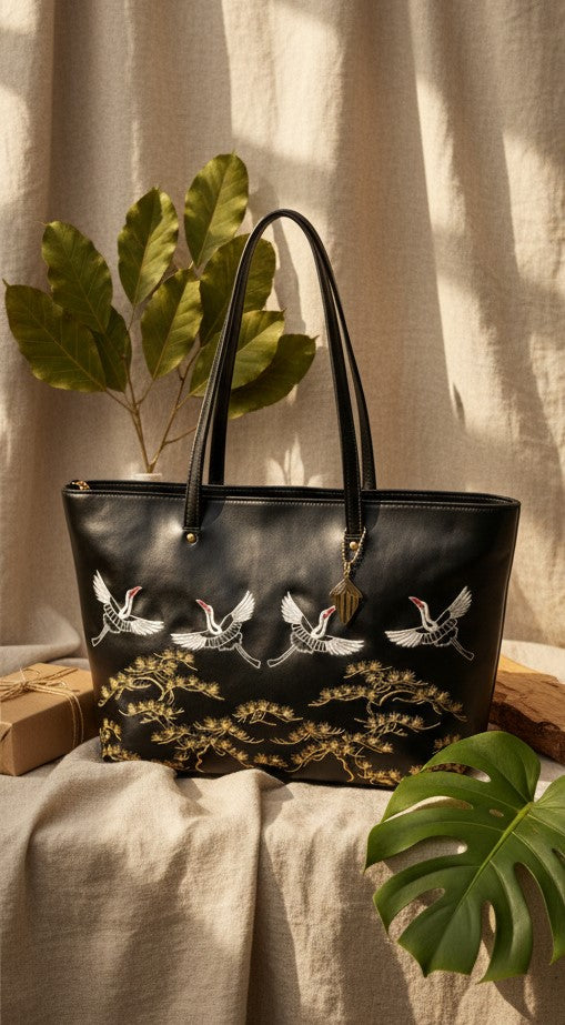 Antheia Vegan Leather Embroidered Tote – Black