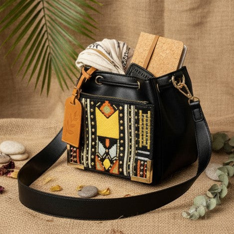 Nora Vegan Leather Embroidered Sling Bag – Black