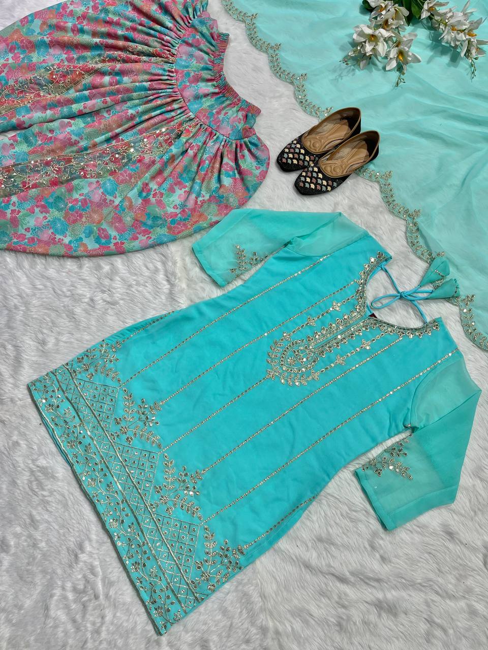 Designer Party Wear Look Top ,Dhoti Salwar And Dupatta