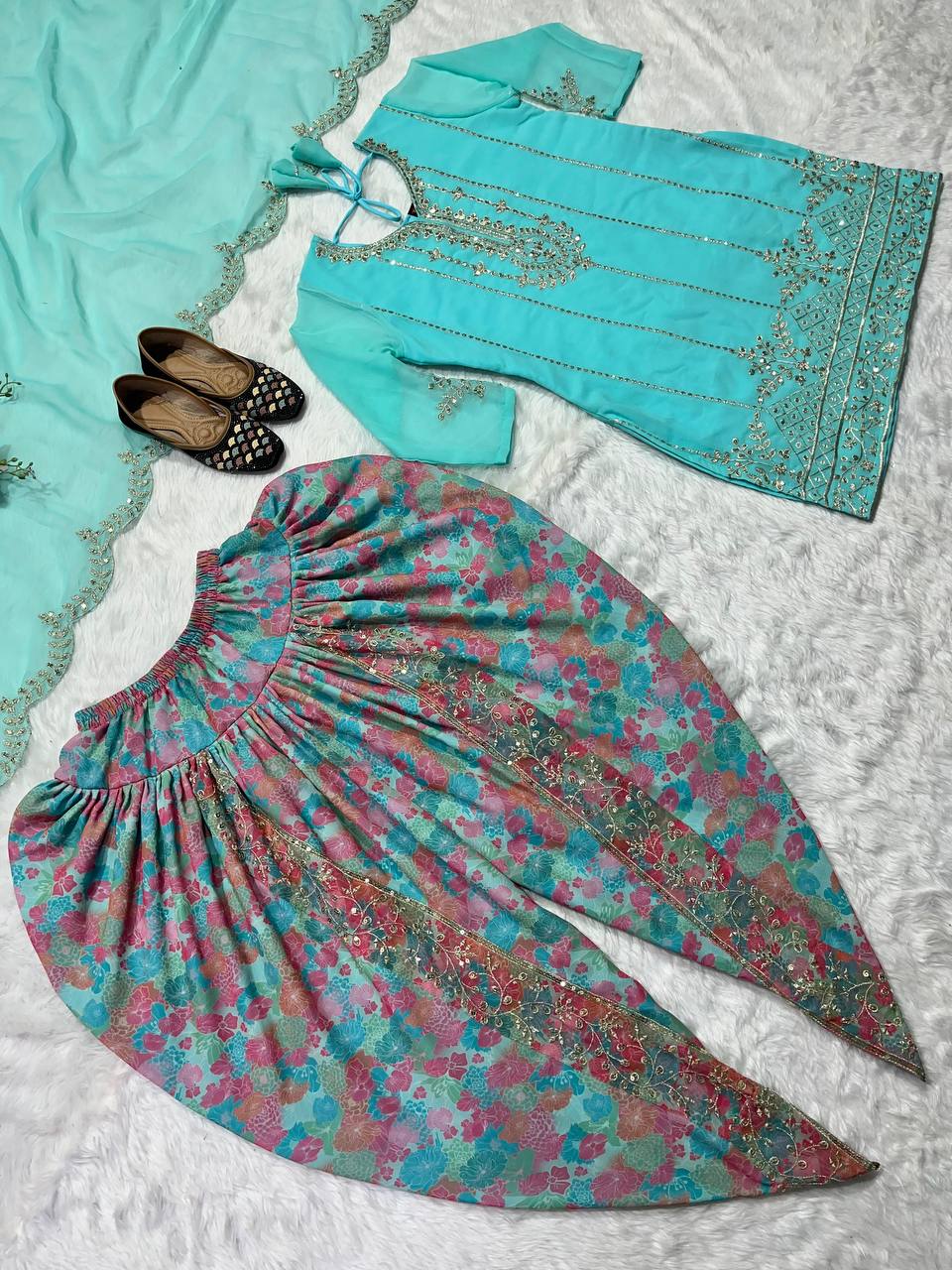 Designer Party Wear Look Top ,Dhoti Salwar And Dupatta