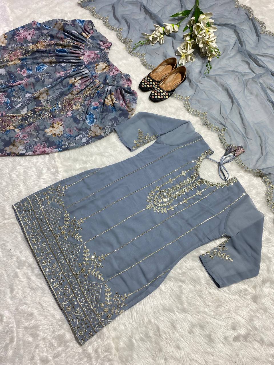 Designer Party Wear Look Top ,Dhoti Salwar And Dupatta