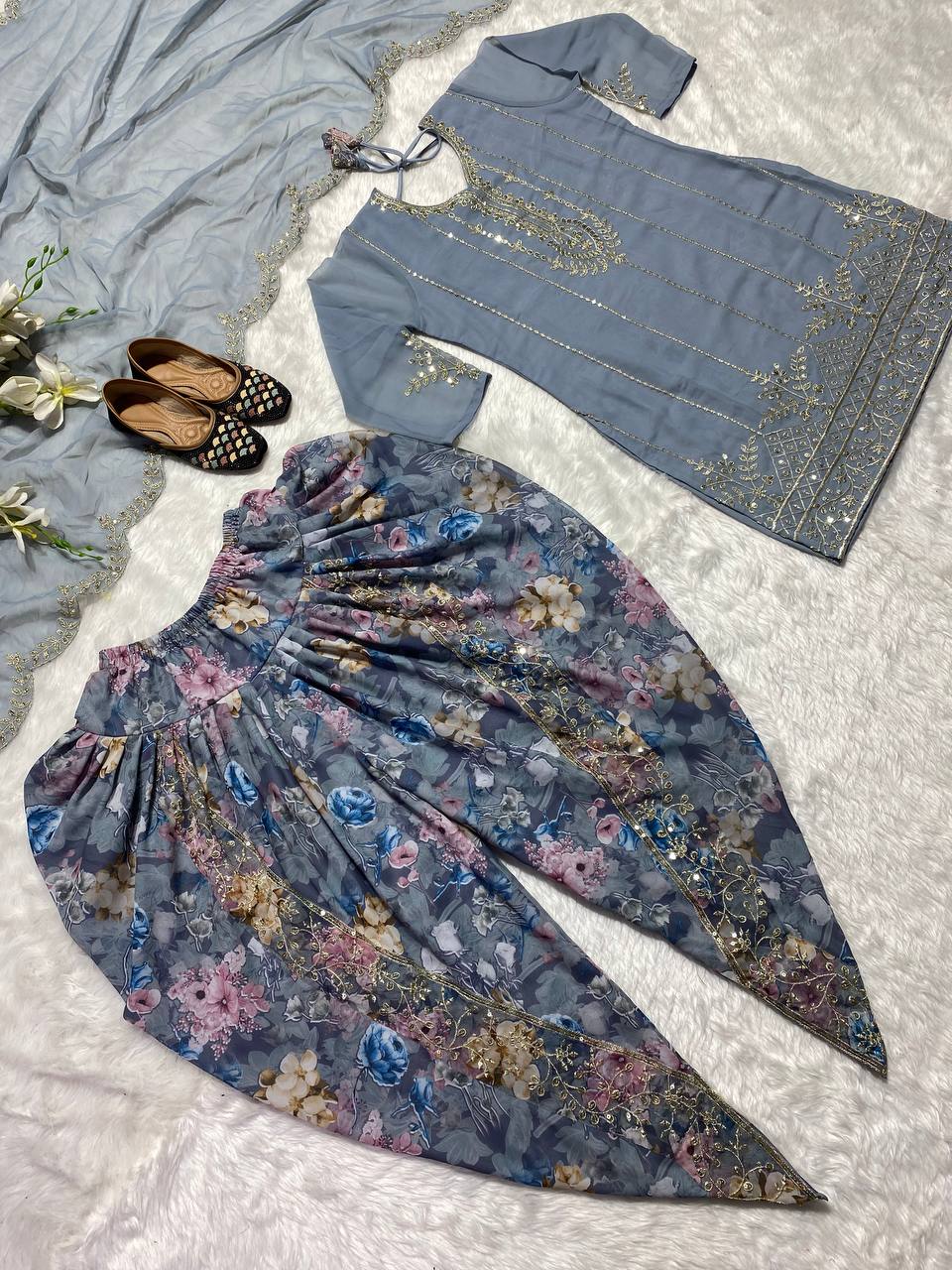 Designer Party Wear Look Top ,Dhoti Salwar And Dupatta