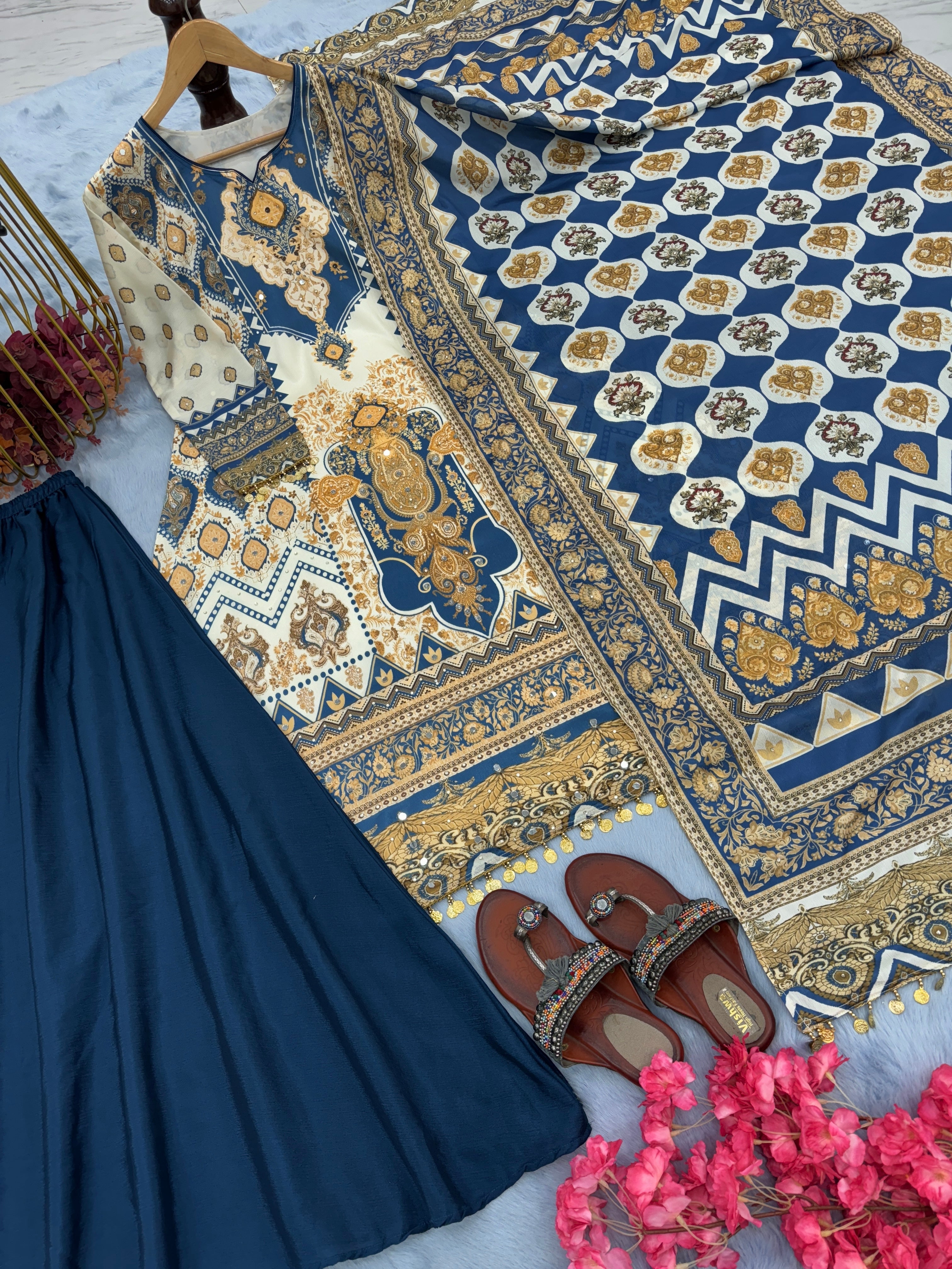 Designer Party Wear Silk Top Plazzo & Dupatta Set