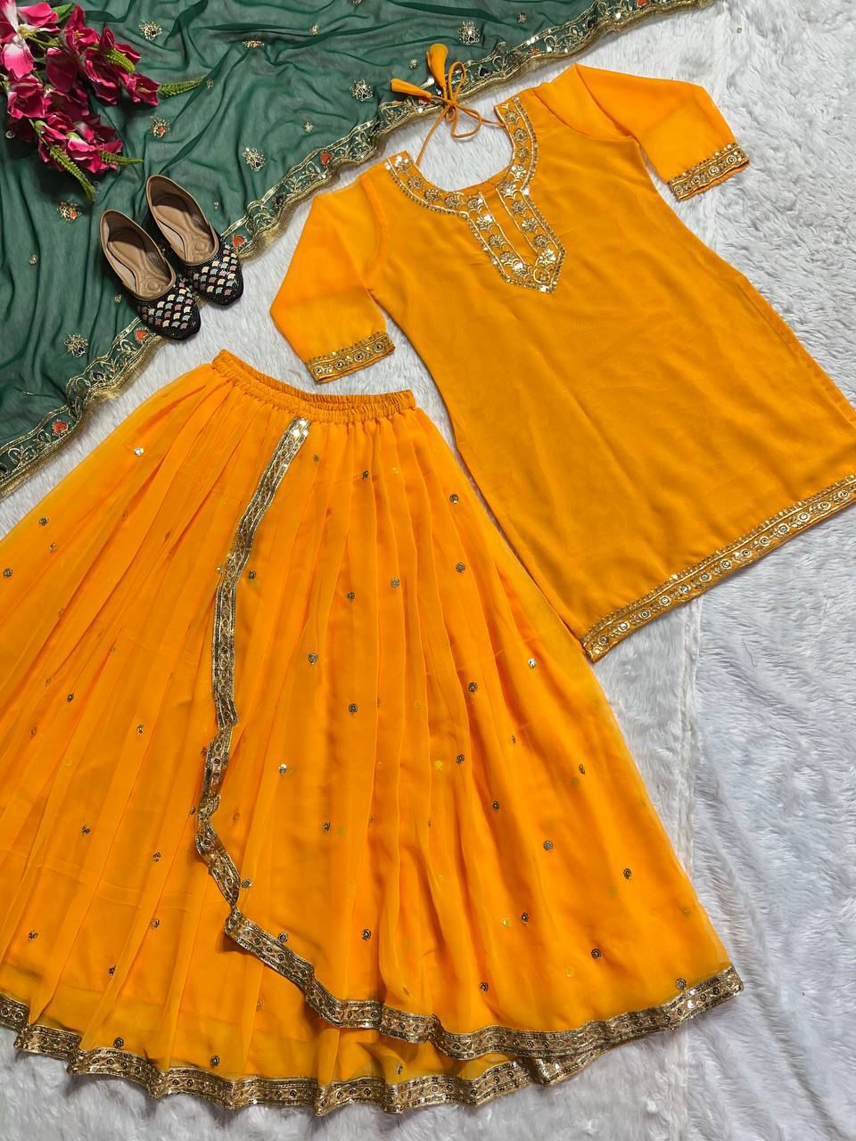 Designer Party Wear Look Top ,Dhoti Skirt And Dupatta