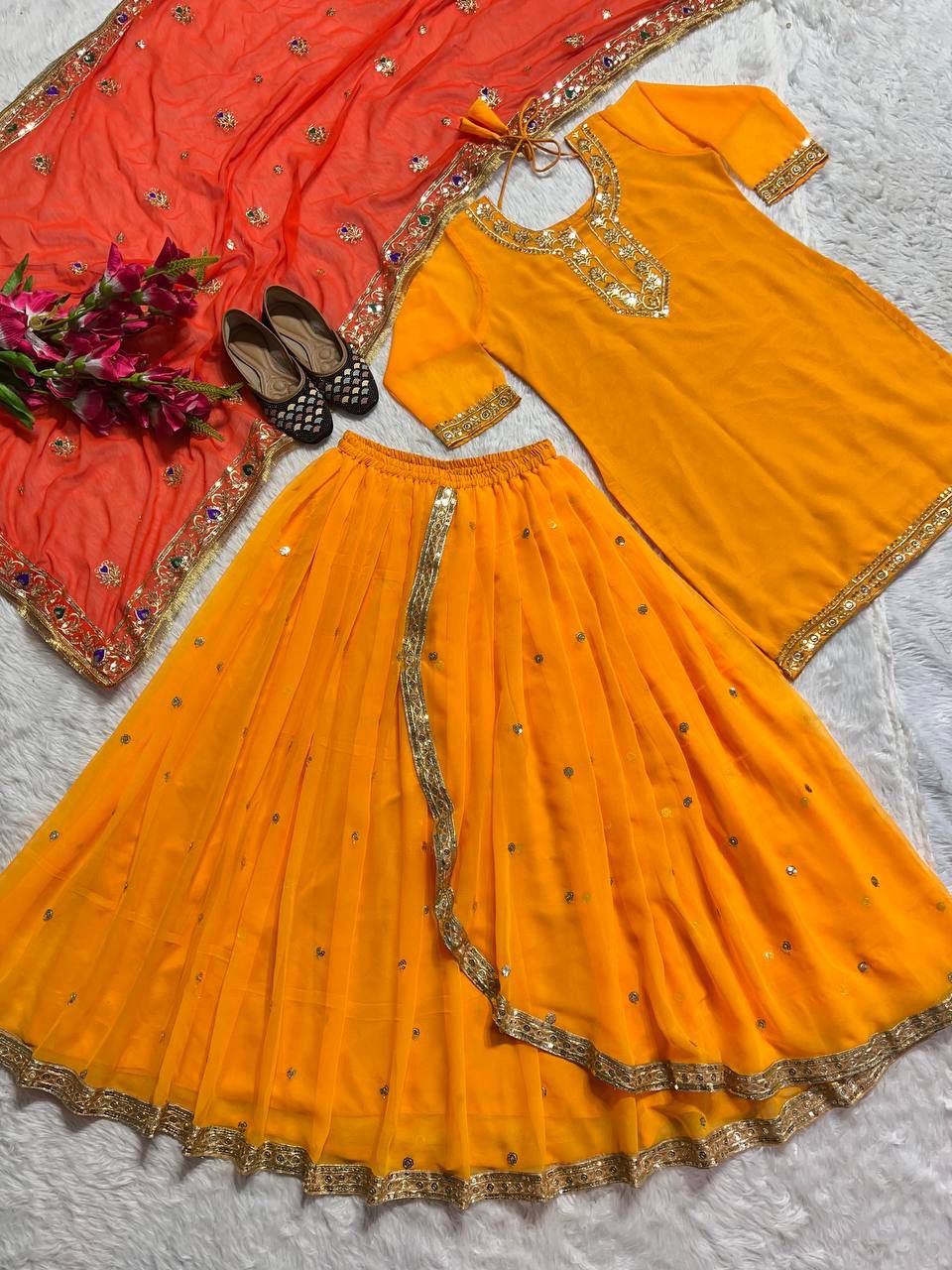 Designer Party Wear Look Top ,Dhoti Skirt And Dupatta