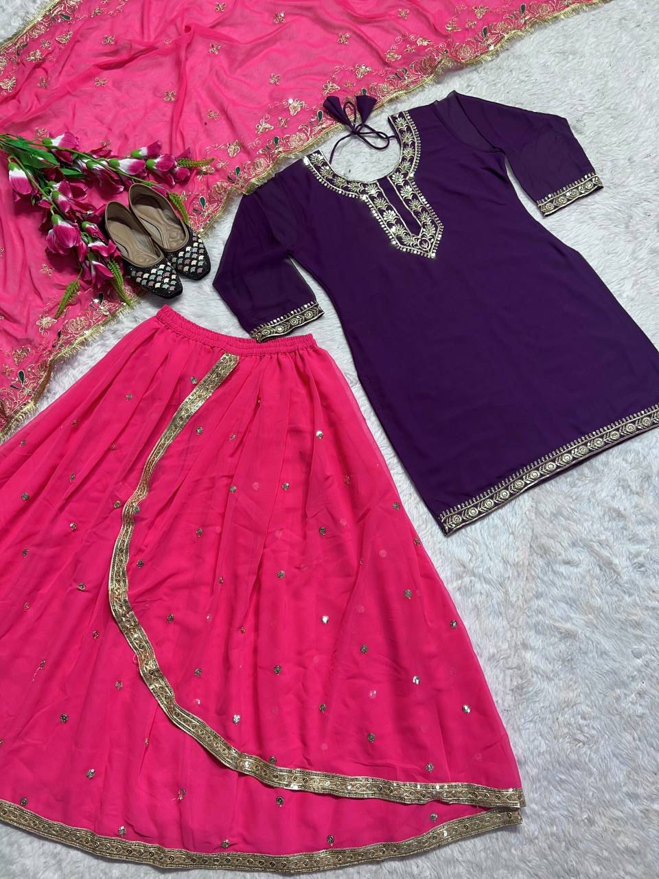 Designer Party Wear Look Top ,Dhoti Skirt And Dupatta