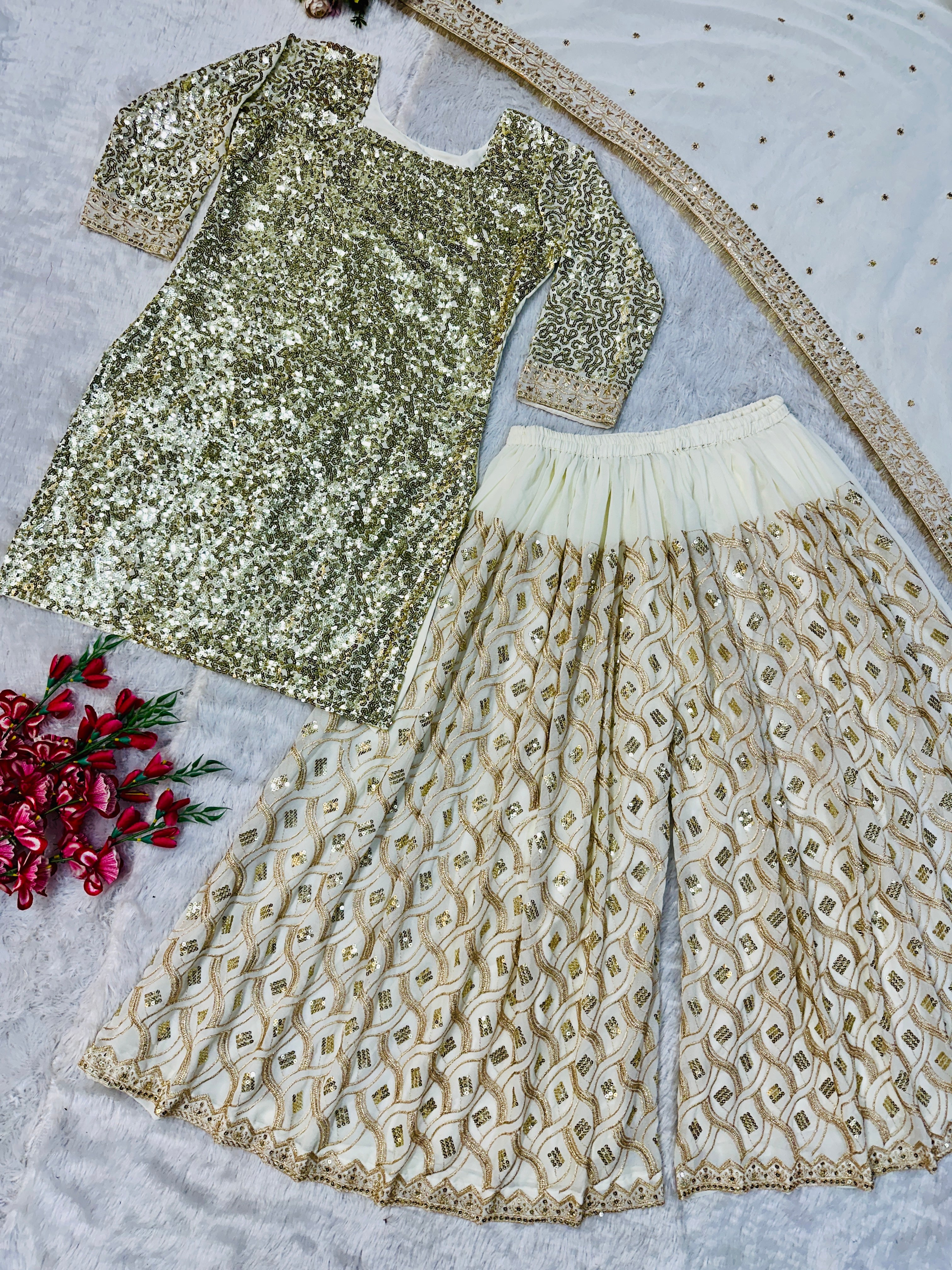 Beautiful Party Wear Top Plazzo And Dupatta With Embroidery Work