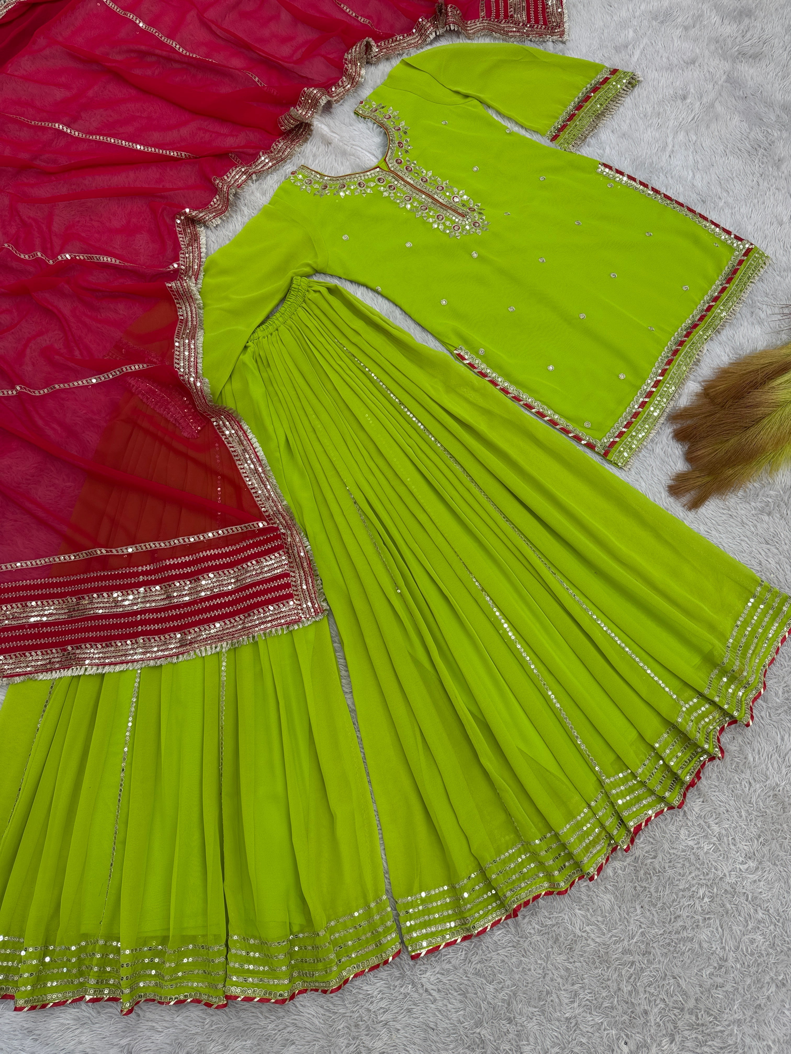 Beautiful Party Wear Top Plazzo And Dupatta With Embroidery Work