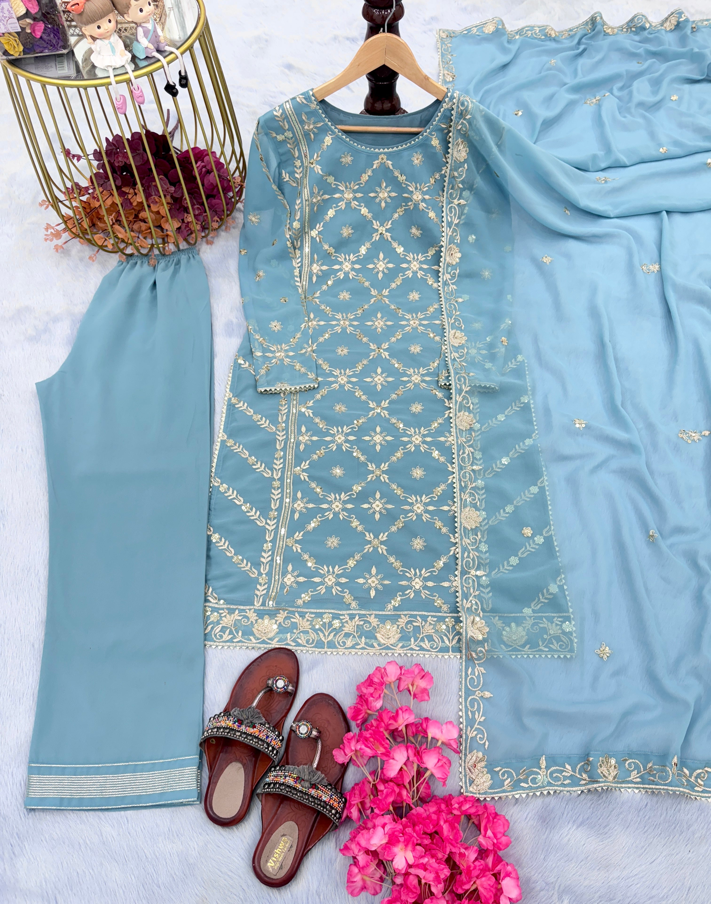 Designer Party Wear Look Foux Georgette Top Plazzo & Dupatta Set