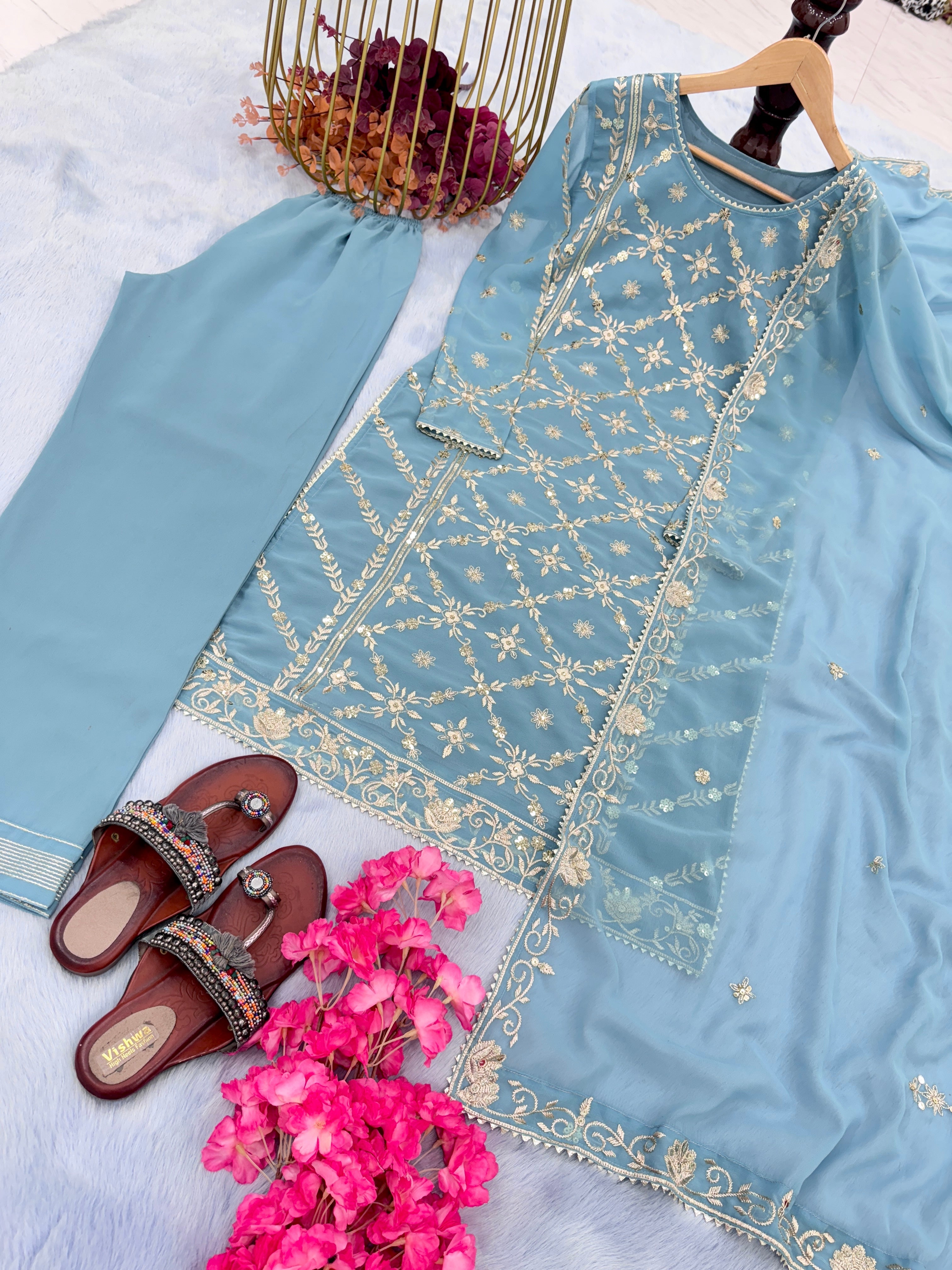 Designer Party Wear Look Foux Georgette Top Plazzo & Dupatta Set