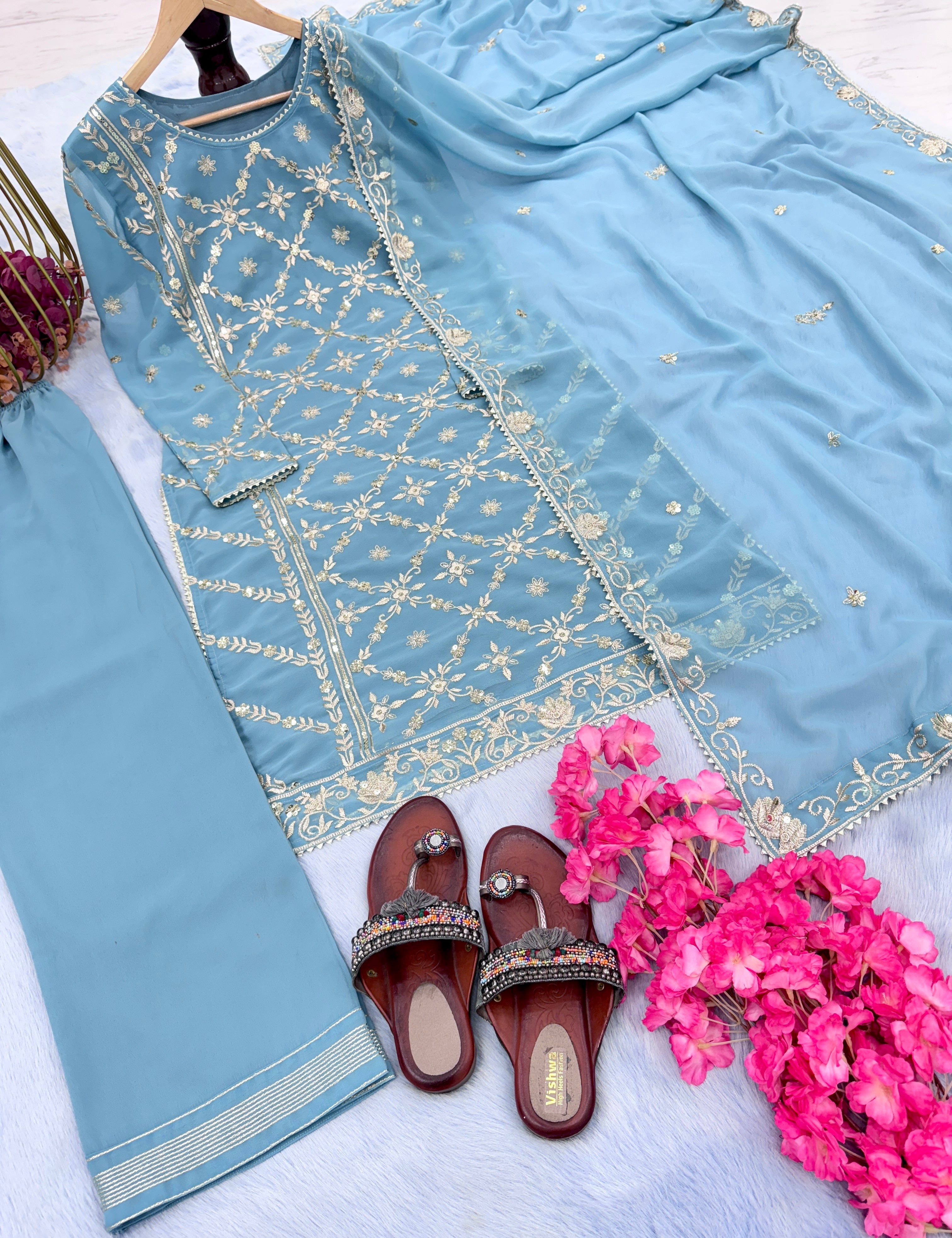 Designer Party Wear Look Foux Georgette Top Plazzo & Dupatta Set