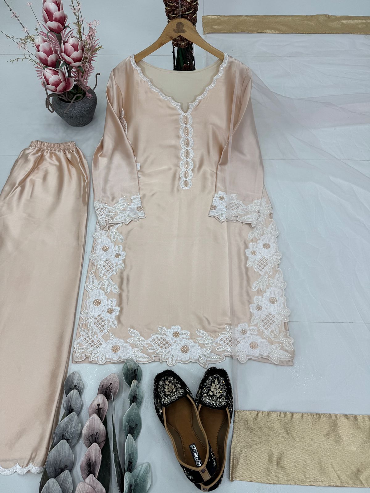 Designer Party Wear Top Bottom And Dupatta With Pearl Moti Hand Work