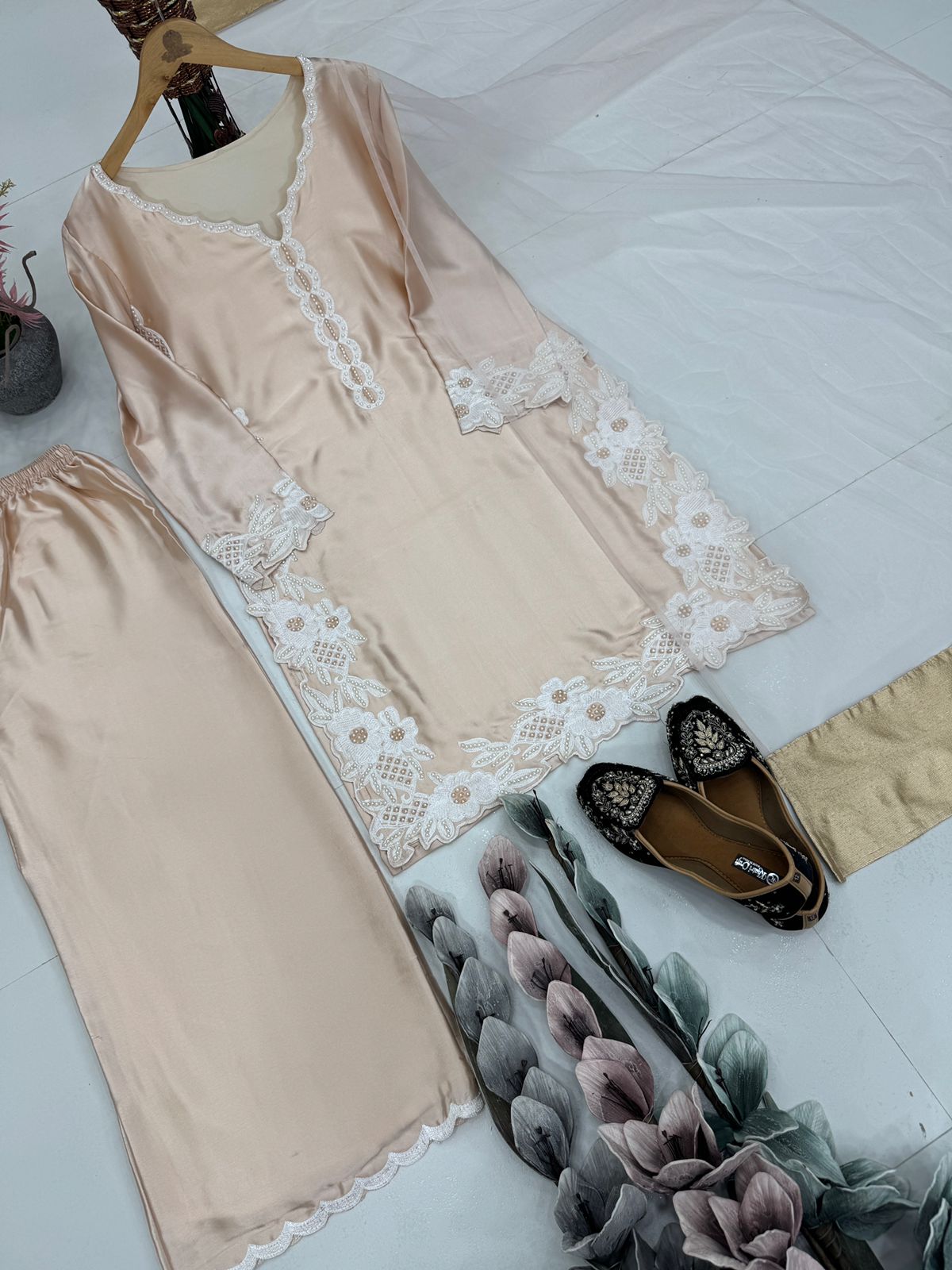 Designer Party Wear Top Bottom And Dupatta With Pearl Moti Hand Work