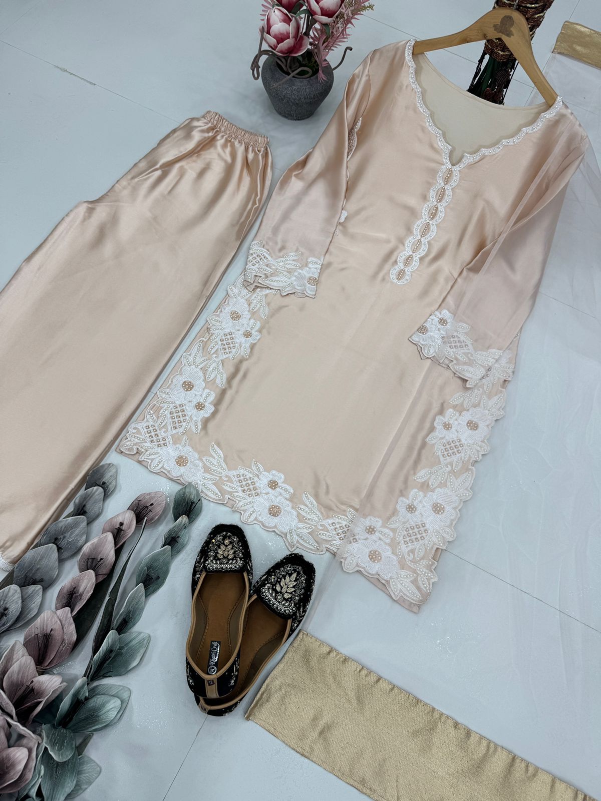 Designer Party Wear Top Bottom And Dupatta With Pearl Moti Hand Work