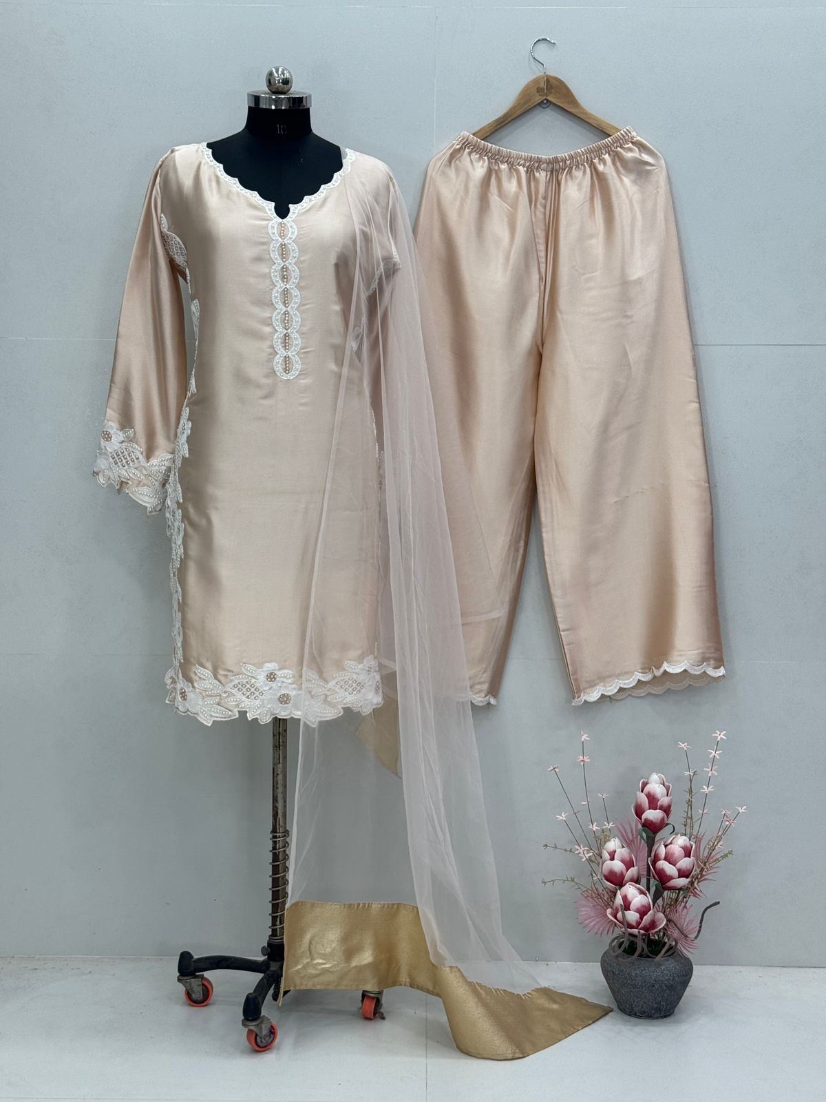 Designer Party Wear Top Bottom And Dupatta With Pearl Moti Hand Work