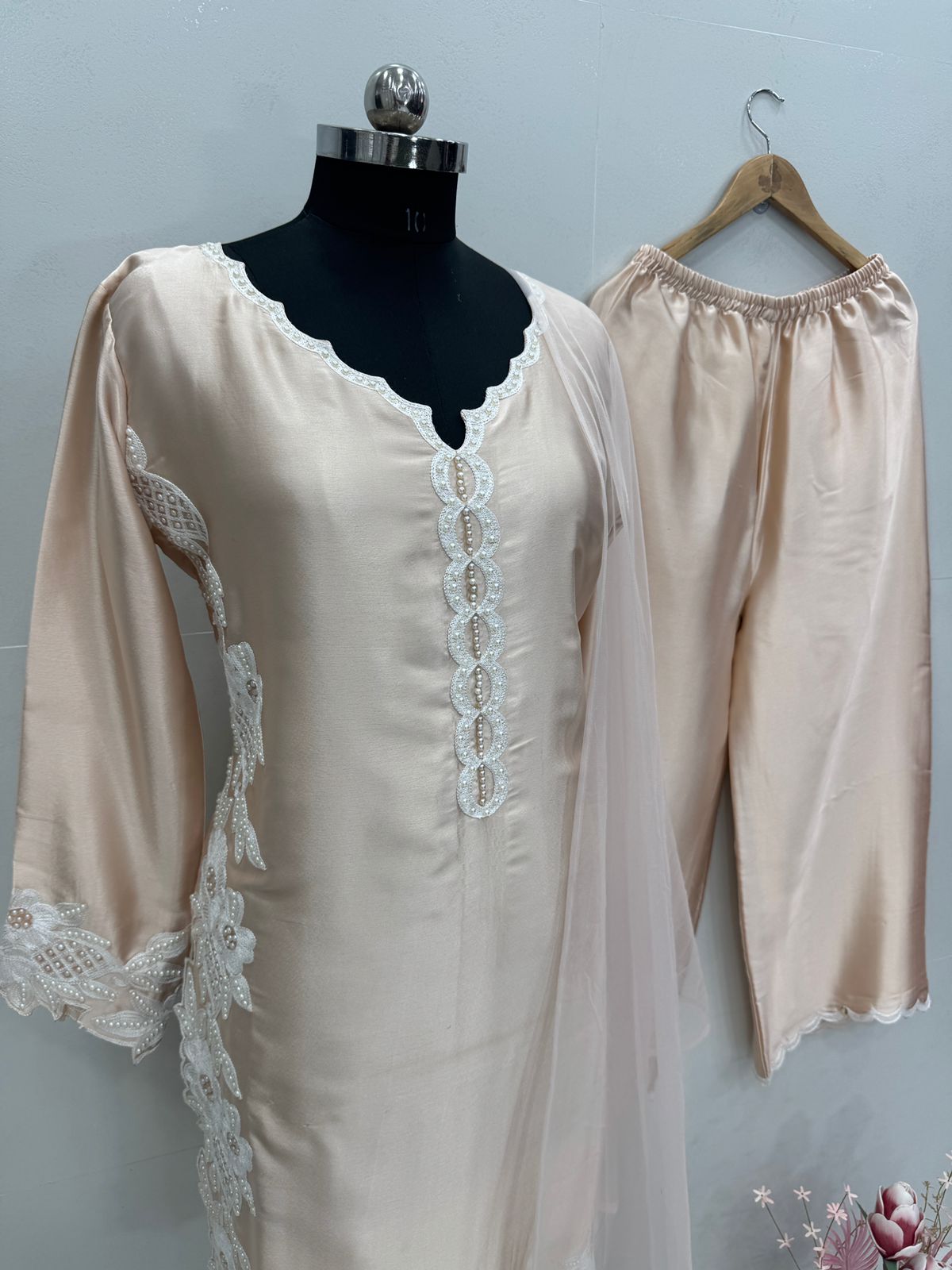 Designer Party Wear Top Bottom And Dupatta With Pearl Moti Hand Work