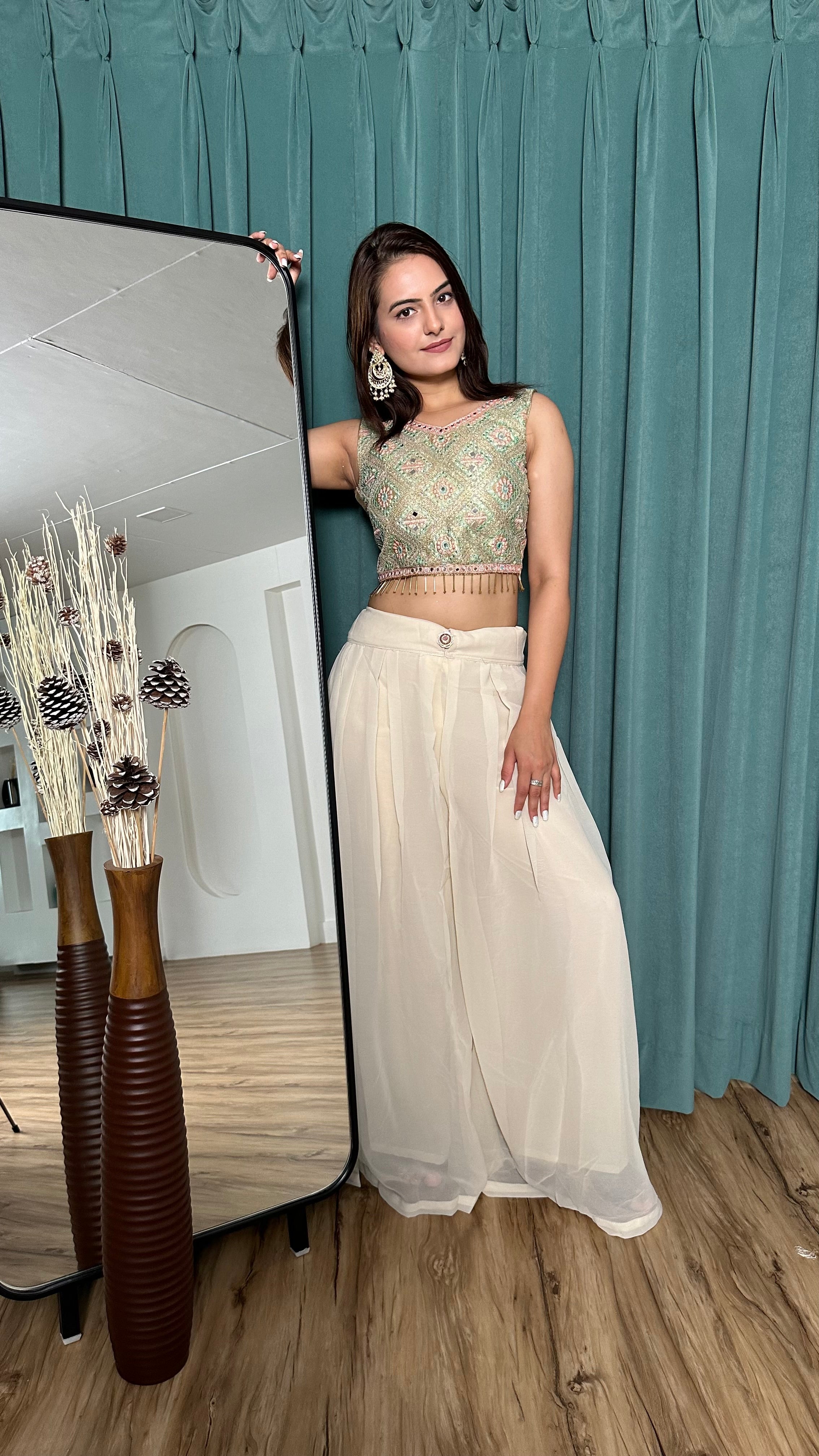 Stylish Plazzo Set With Mirror & Stone Work