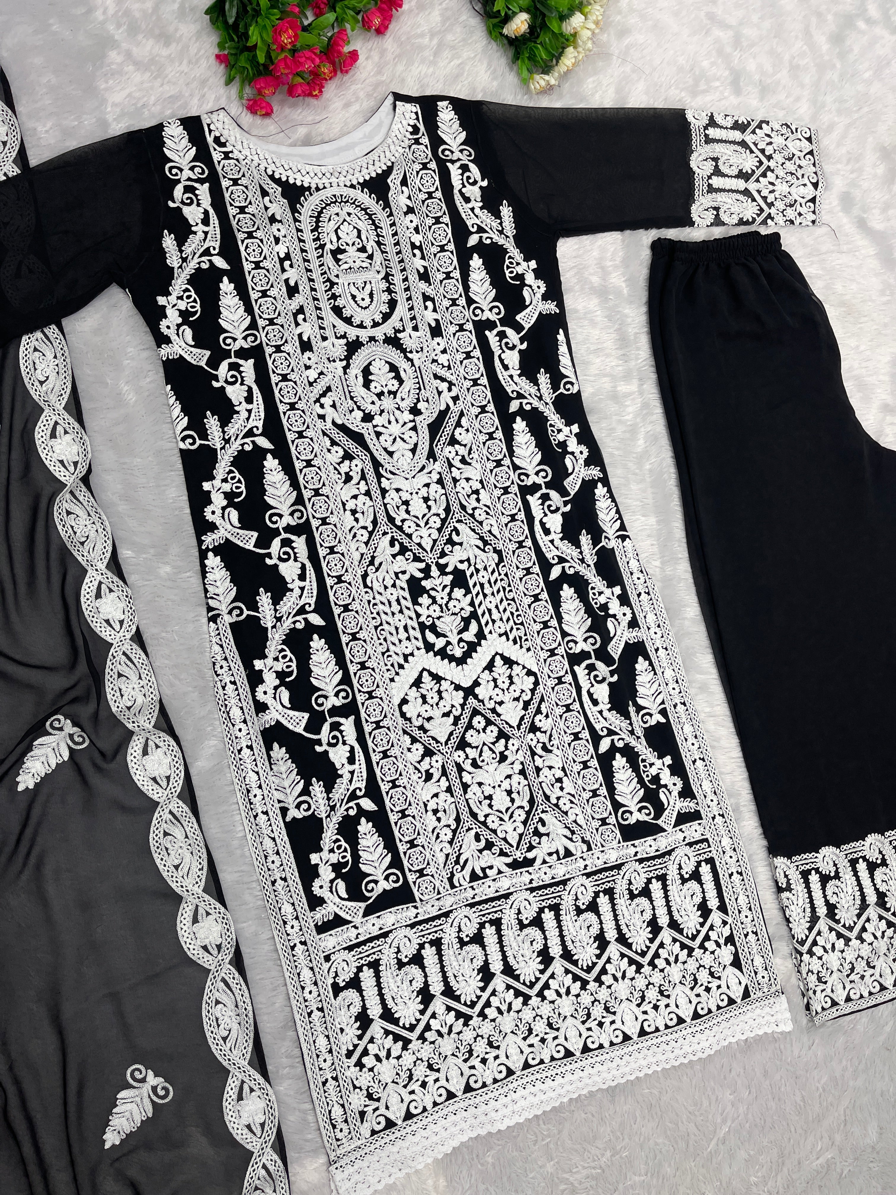 Designer Party Wear Top Bottom And Dupatta With Stitched Work