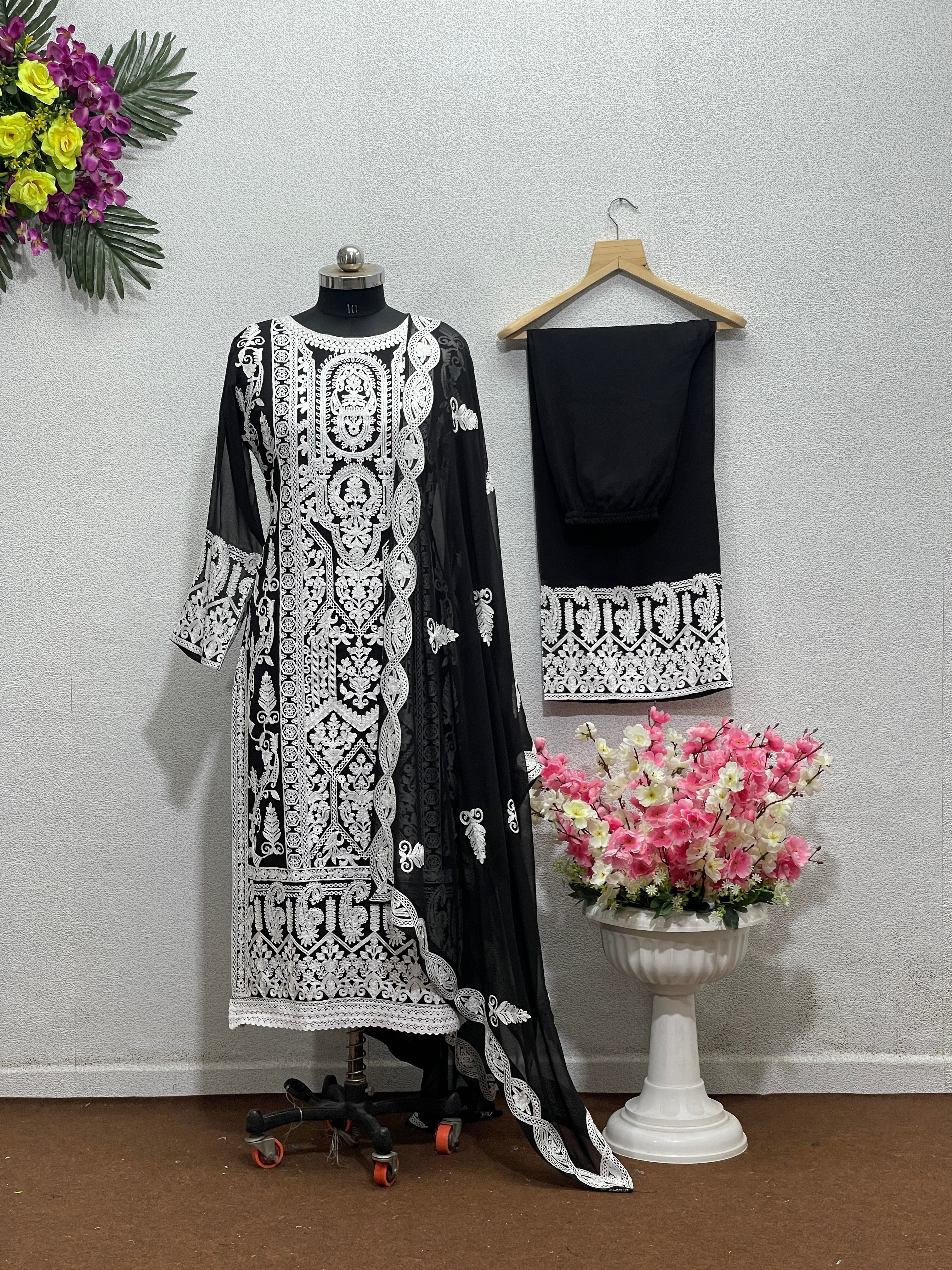 Designer Party Wear Top Bottom And Dupatta With Stitched Work