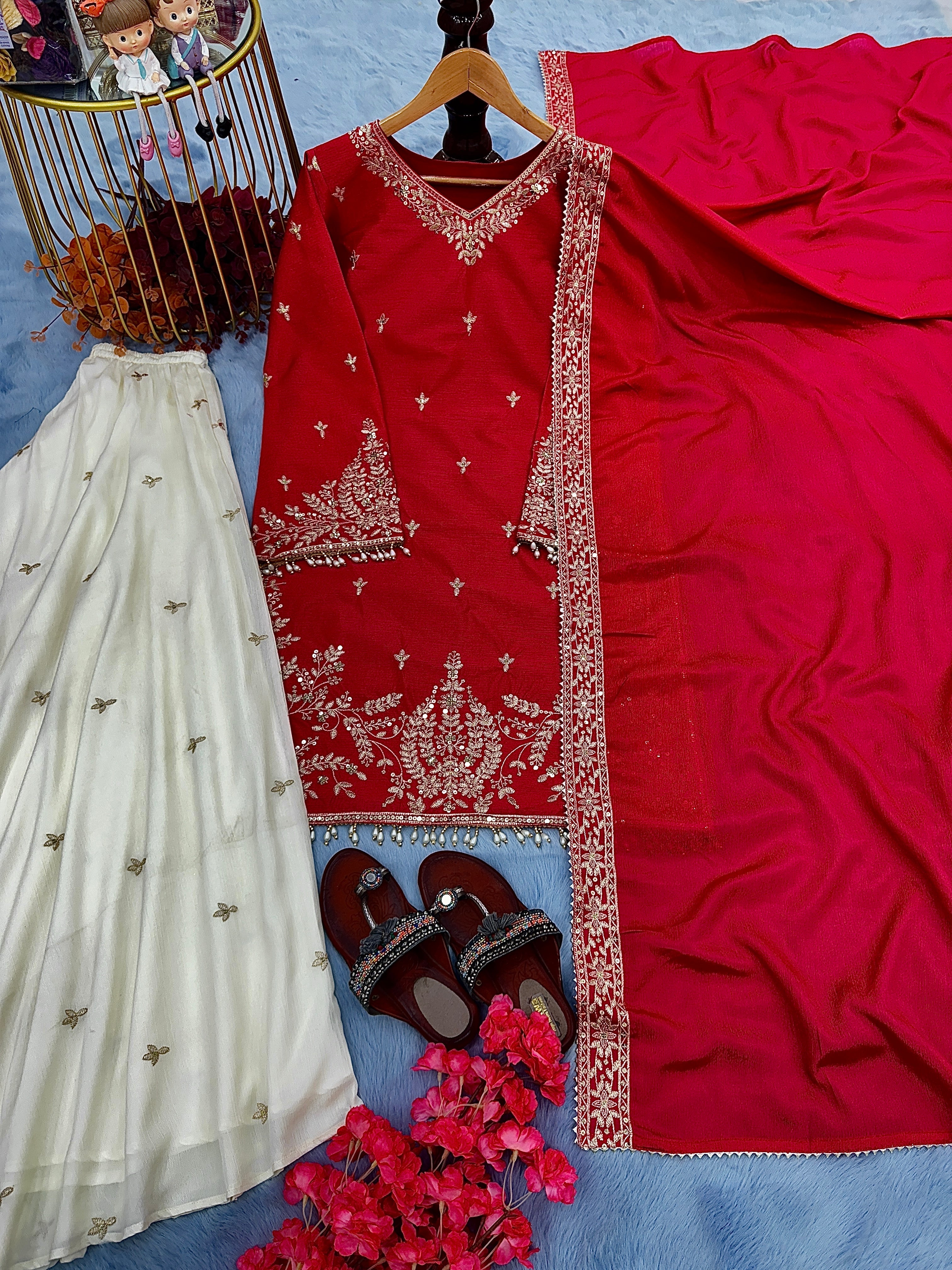 Beautiful Party Wear Look Heavy Pure Chinon Silk Top Plazzo & Dupatta Set