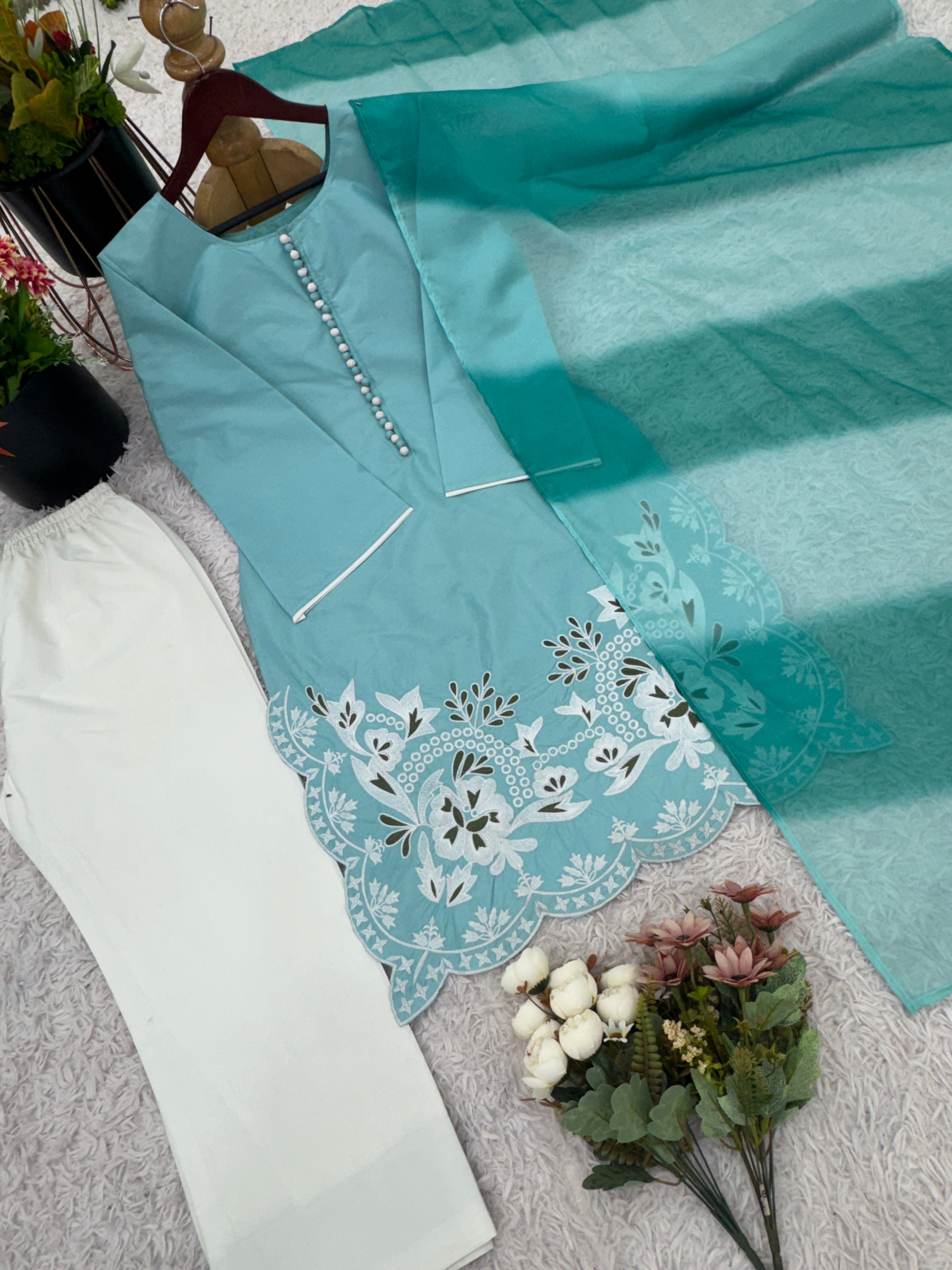 Designer Top-Bottom And Dupatta With Embroidery Work