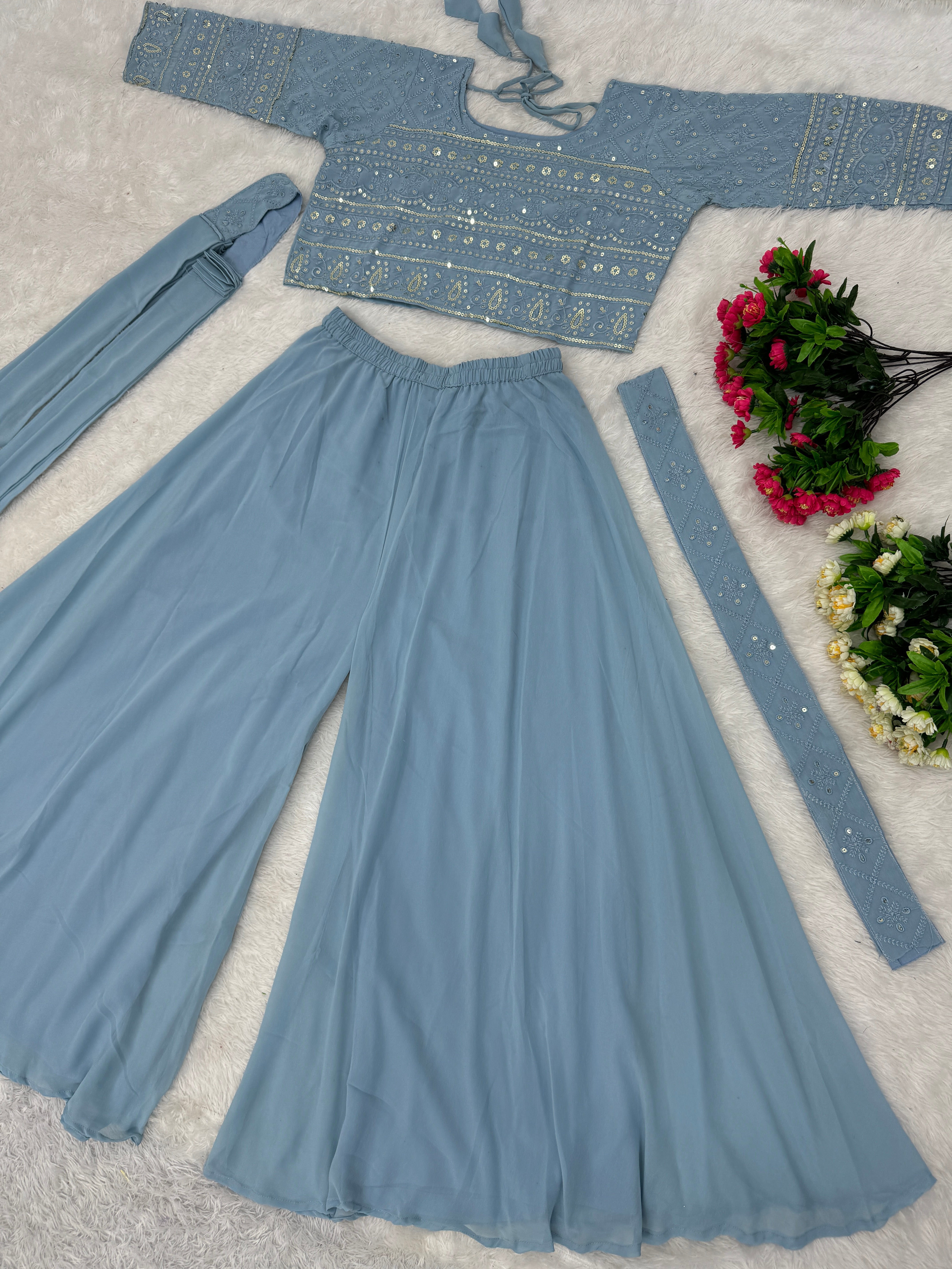 Designer Party Wear Choli And Sharara With Beautiful Dupatta