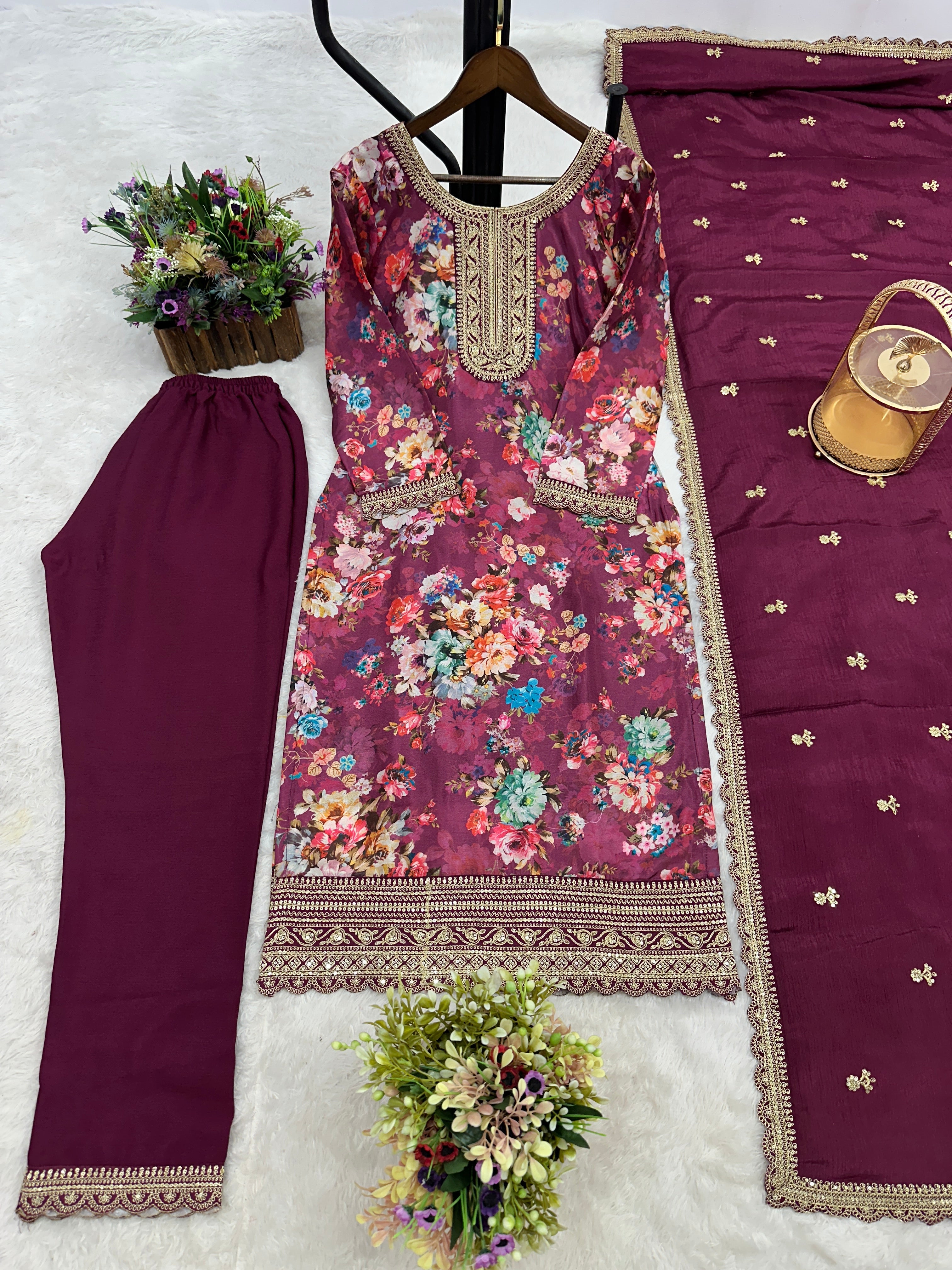 Designer Suit Set With Embroidery Sequence Coding Work