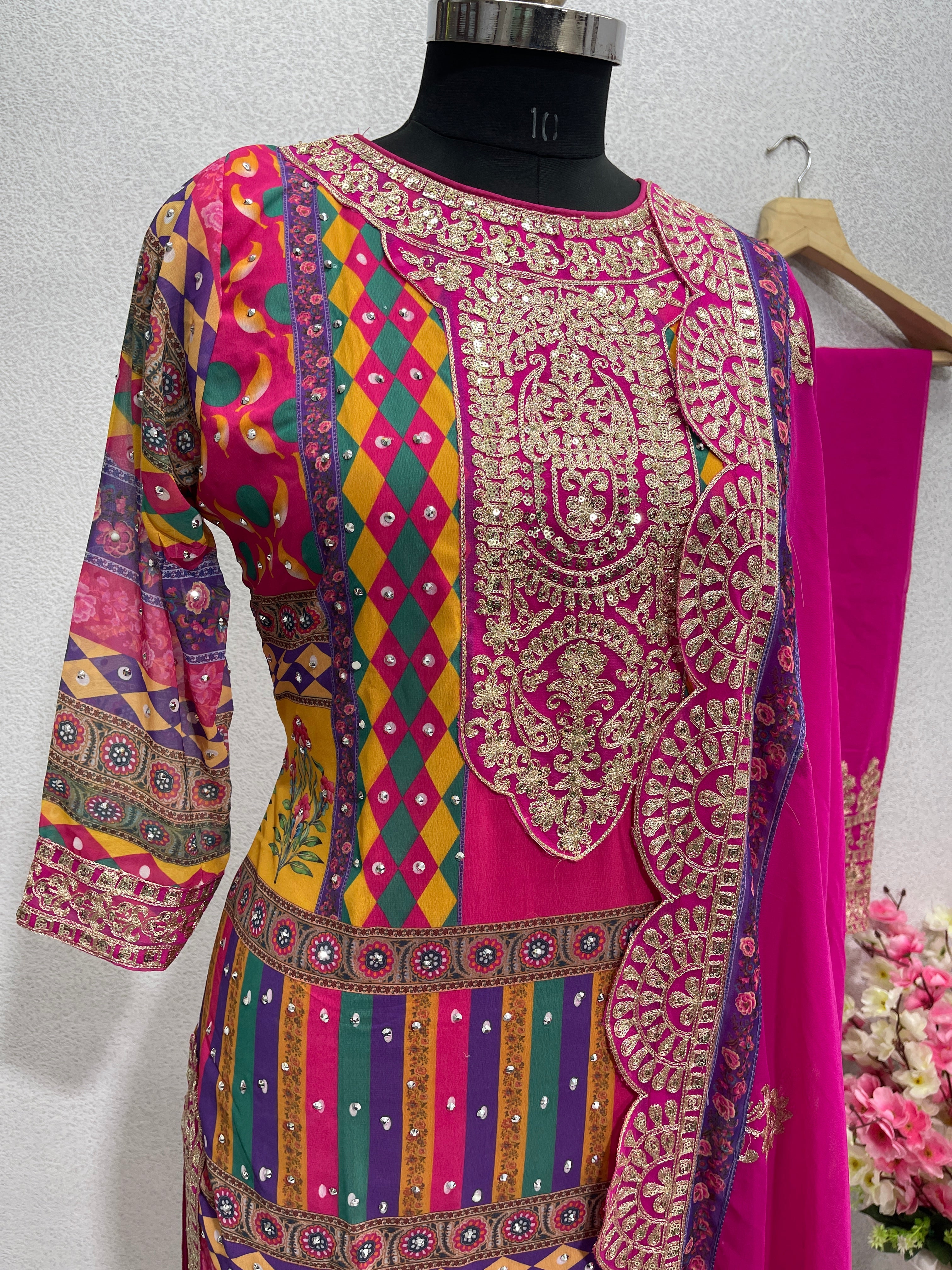 Beautiful Party Wear Top And Plazzo With Dupatta With Dimond Hand Work
