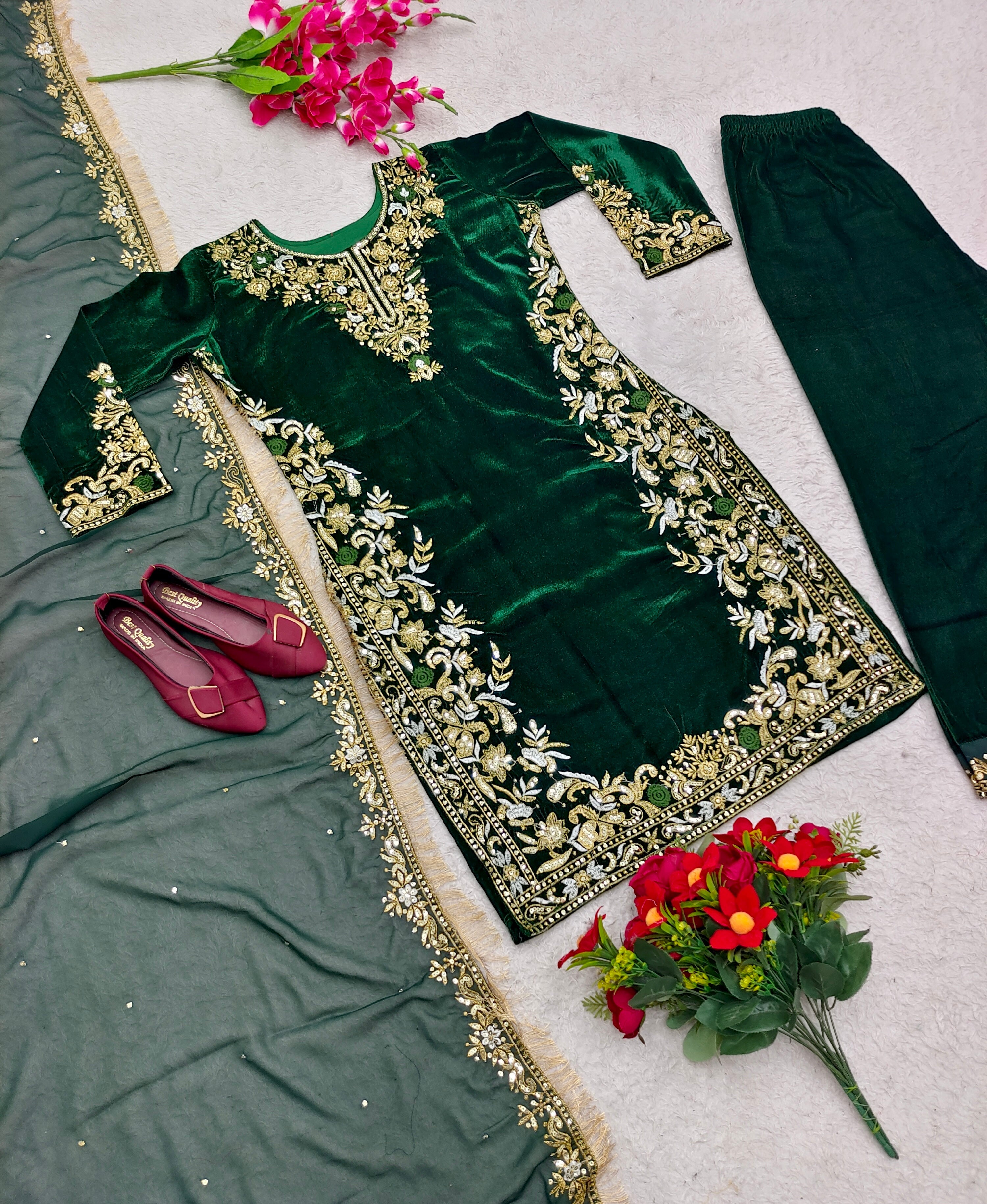 Designer Party Wear Velvet Top-Pent With Dupatta Set