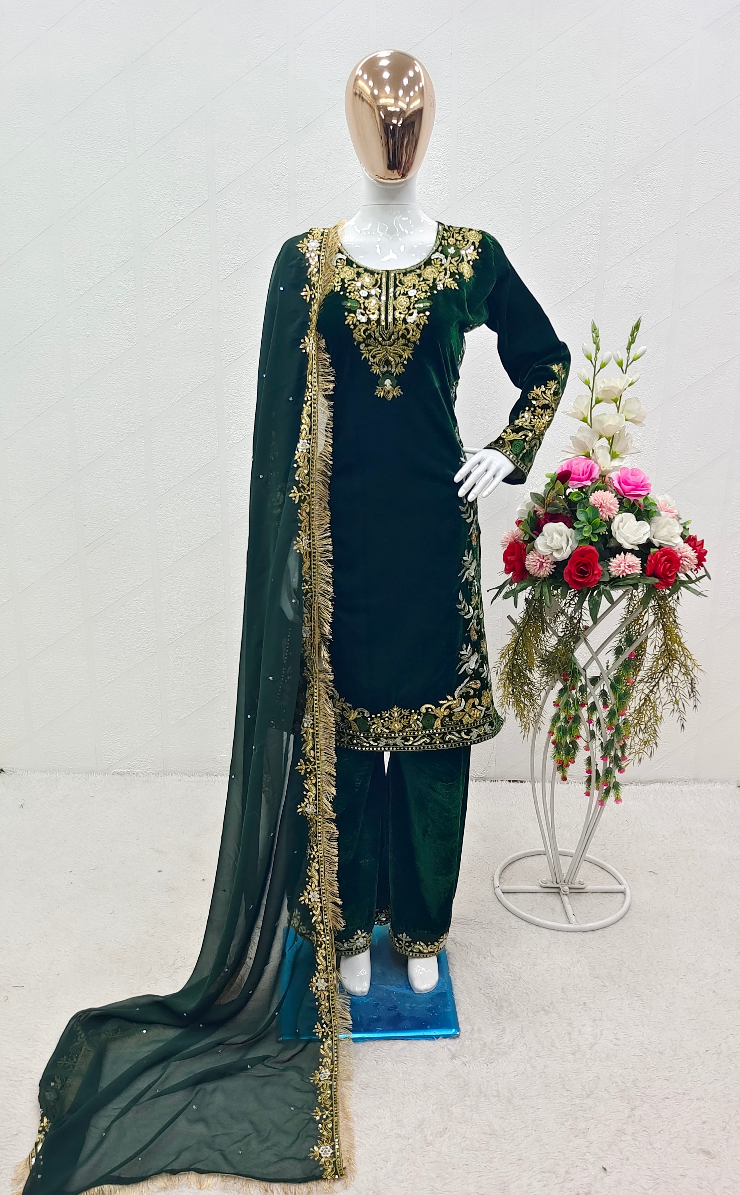 Designer Party Wear Velvet Top-Pent With Dupatta Set