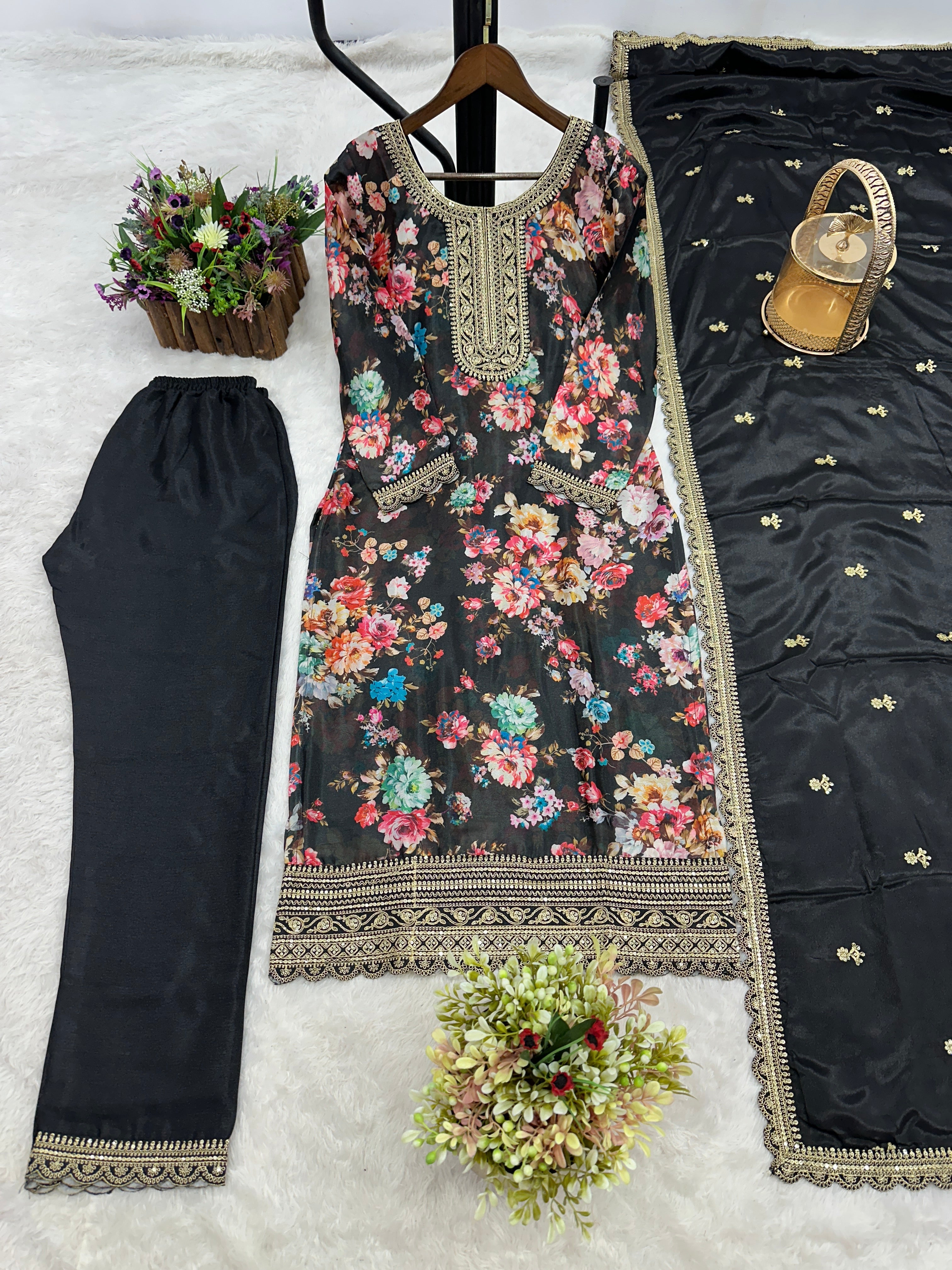 Designer Suit Set With Embroidery Sequence Coding Work