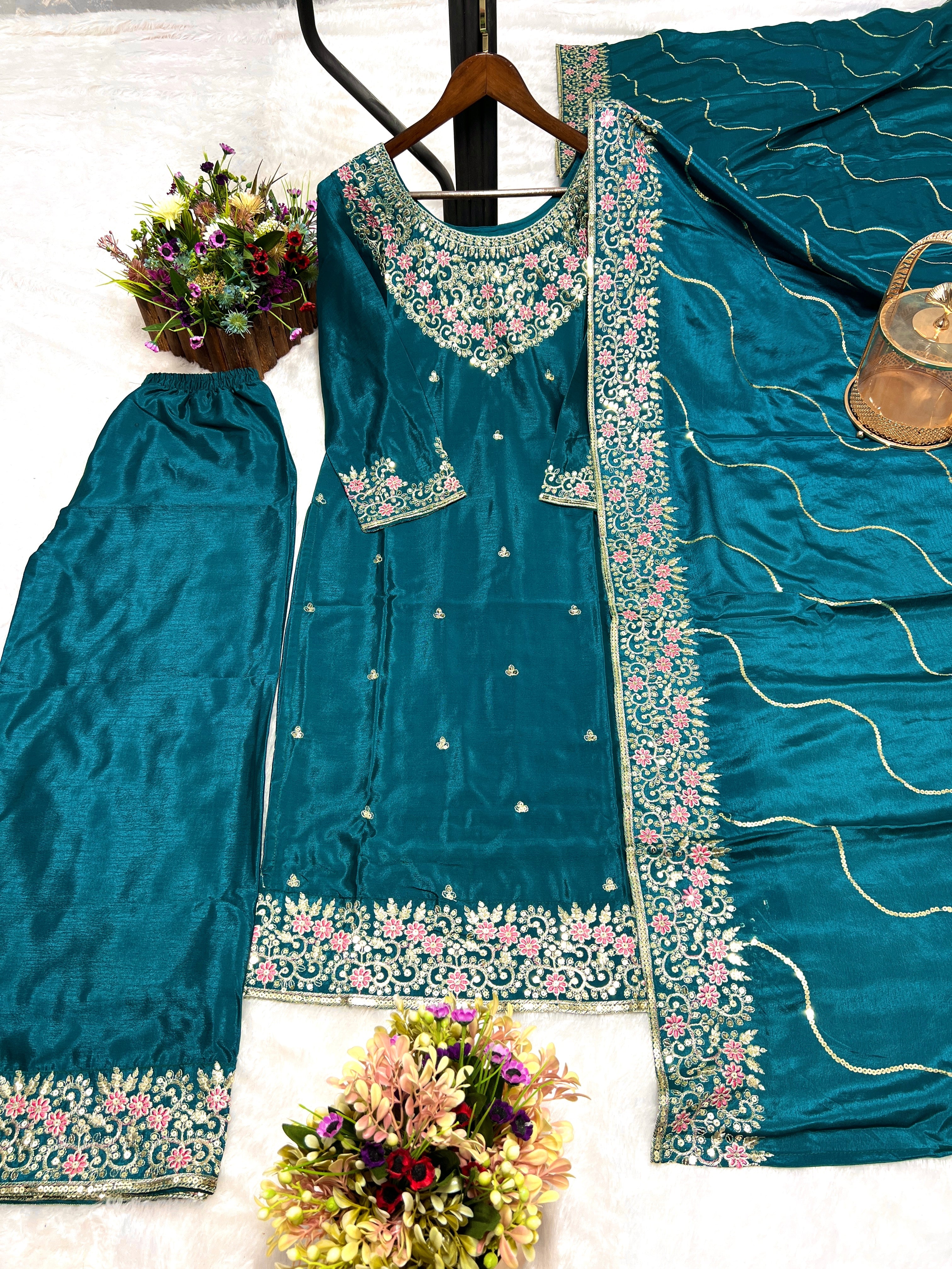 Party Wear Beautiful Kurti Pent And Dupatta With Embroidery Work