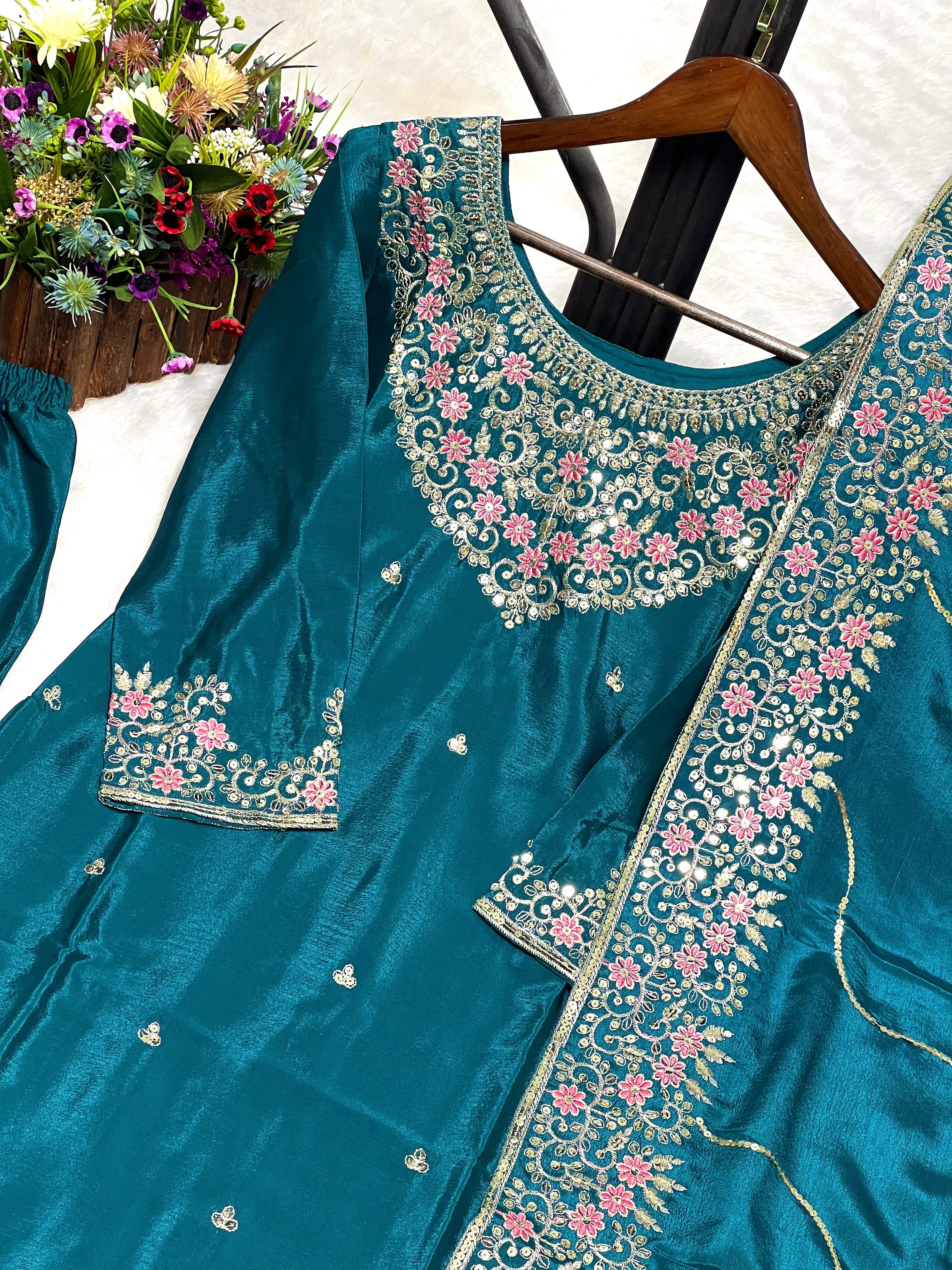 Party Wear Beautiful Kurti Pent And Dupatta With Embroidery Work