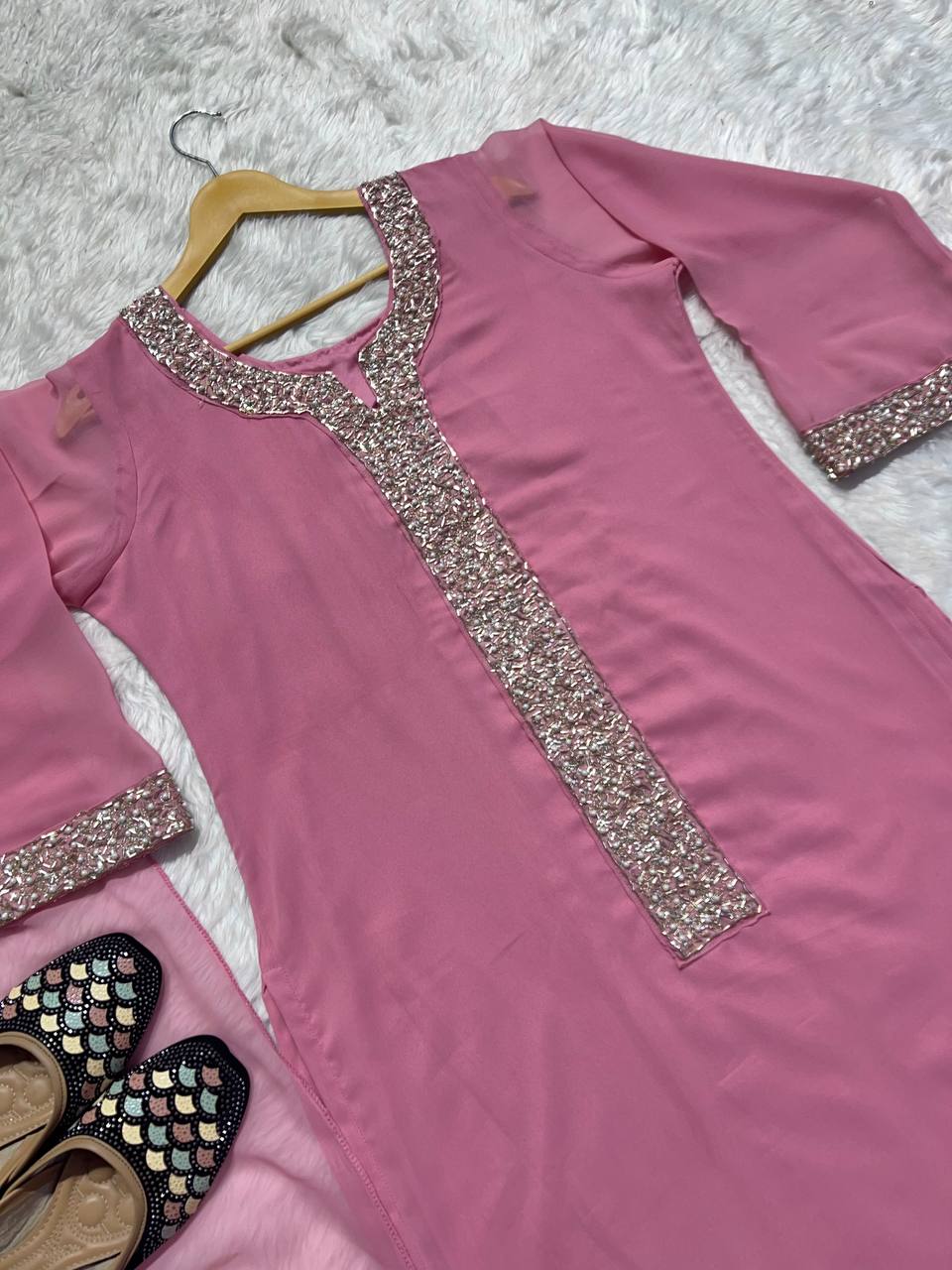 Party Wear Suit Pent And Dupatta With Real Moti Hand Work